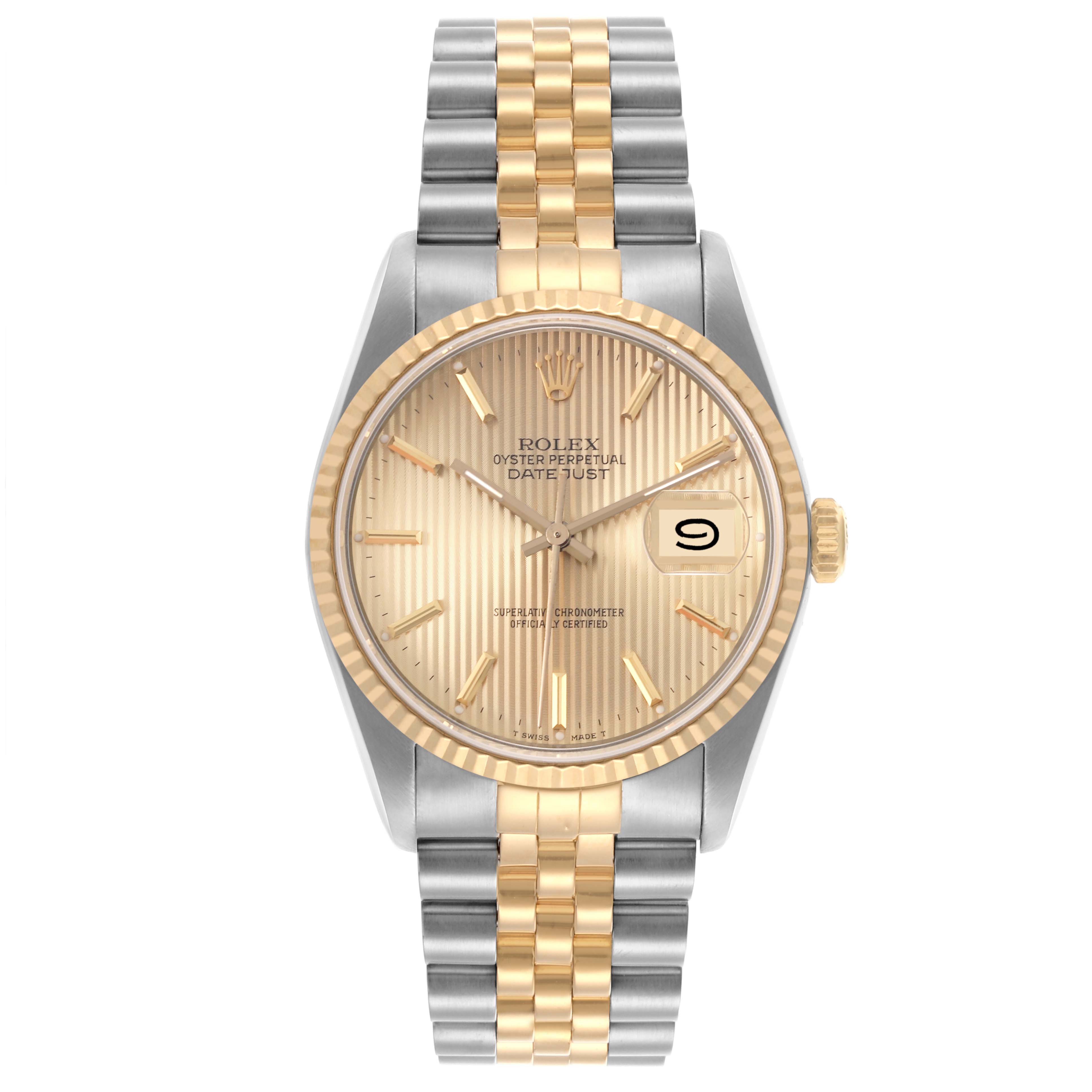 The Rolex Datejust 16233 Men's Steel and Gold (two tone) Champagne Dial 16233 Men's Steel and Gold (two tone) Champagne Dial watch is shown from a front angle, highlighting the dial, bezel, and two-tone bracelet.