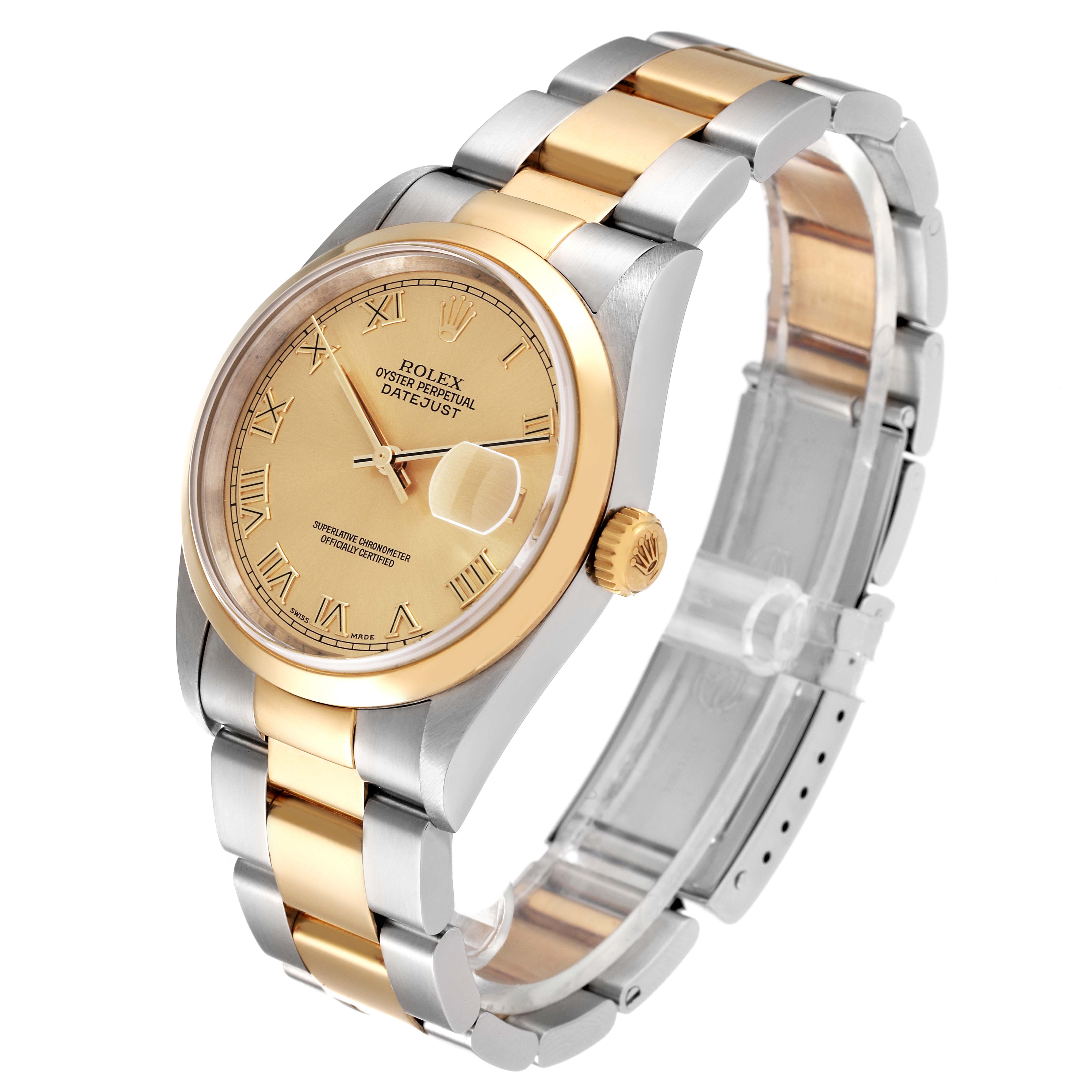 This Rolex Datejust 16203 Men's Steel and Gold (two tone) Champagne Dial 16203 Men's Steel and Gold (two tone) Champagne Dial watch is shown at a slight side angle, revealing the face, gold bezel, and two-tone bracelet.