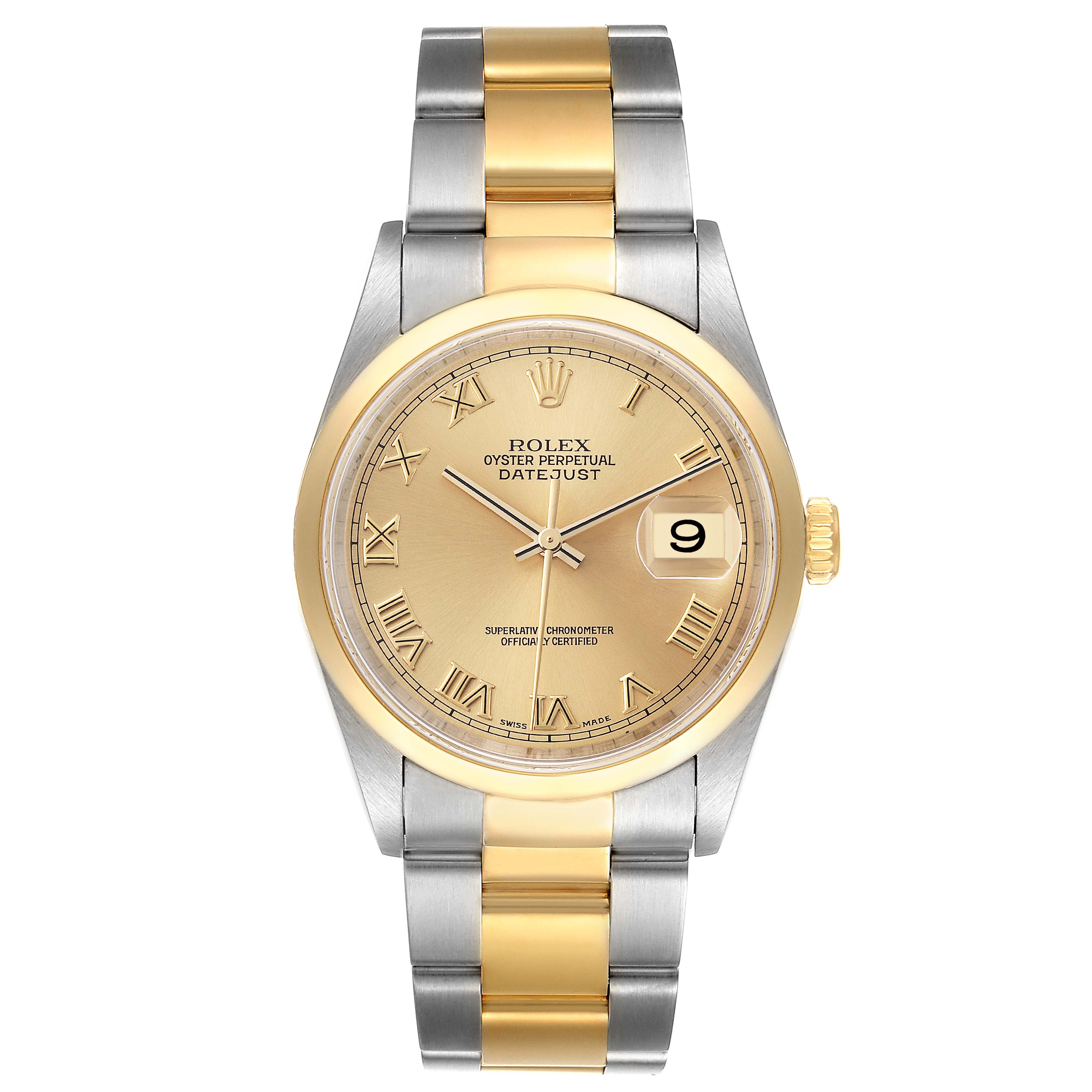 This image shows a front view of a Rolex Datejust 16203 Men's Steel and Gold (two tone) Champagne Dial 16203 Men's Steel and Gold (two tone) Champagne Dial watch, displaying its two-tone bracelet, gold dial, and date window.