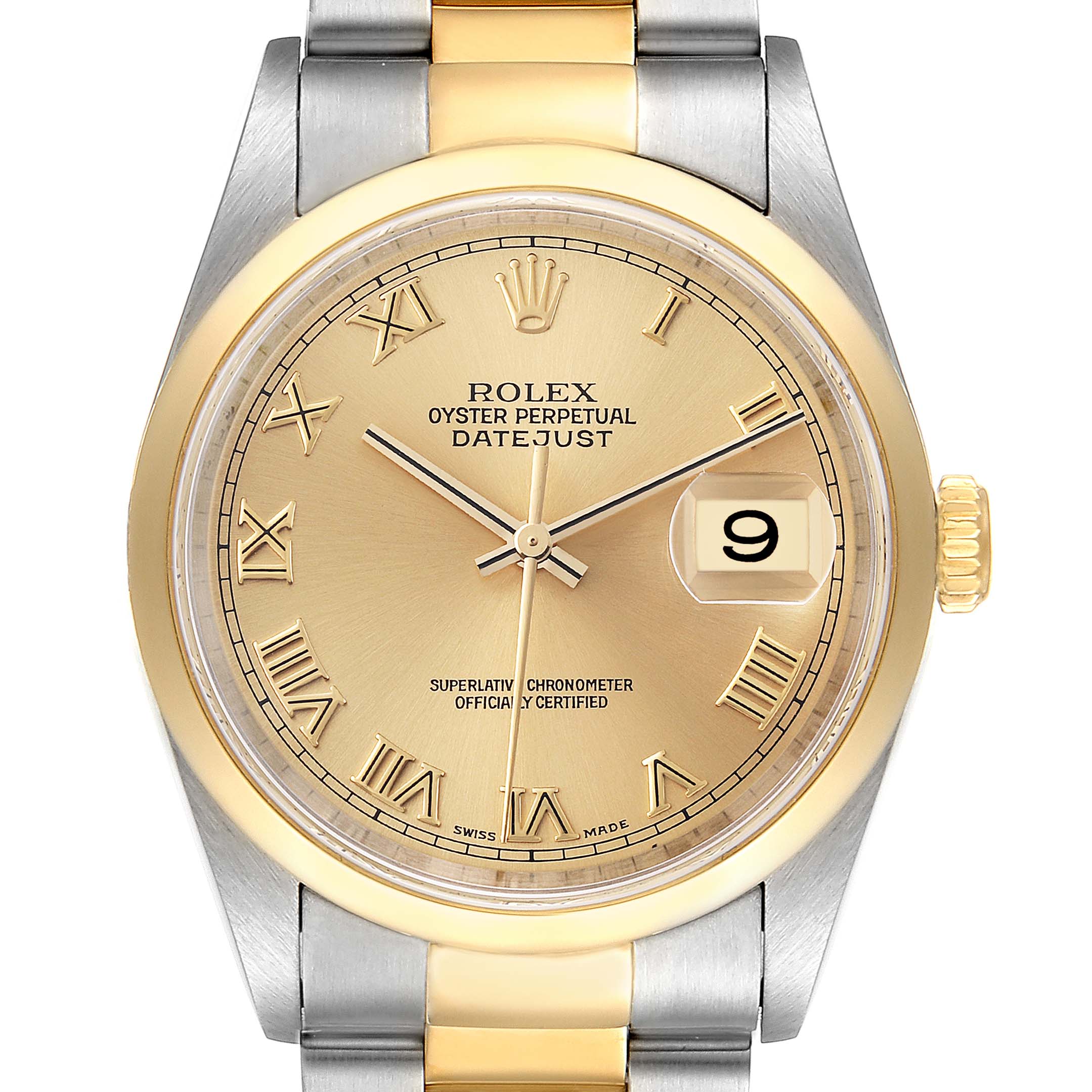 This is a head-on view of the Rolex Datejust 16203 Men's Steel and Gold (two tone) Champagne Dial 16203 Men's Steel and Gold (two tone) Champagne Dial watch, showing the face, bezel, and part of the bracelet.