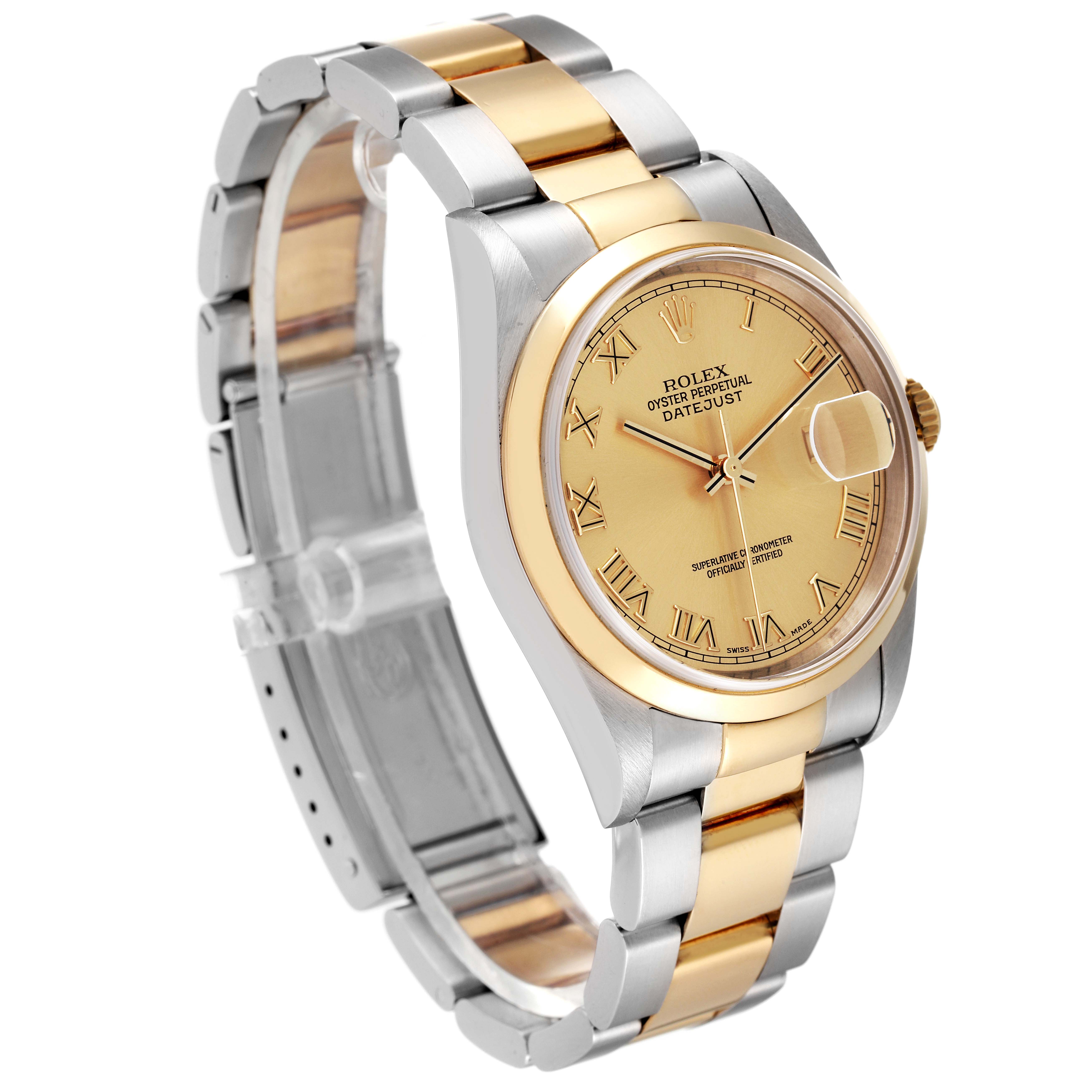 The Rolex Datejust 16203 Men's Steel and Gold (two tone) Champagne Dial 16203 Men's Steel and Gold (two tone) Champagne Dial watch is shown at an angle displaying its two-tone bracelet, dial, and partially open clasp.