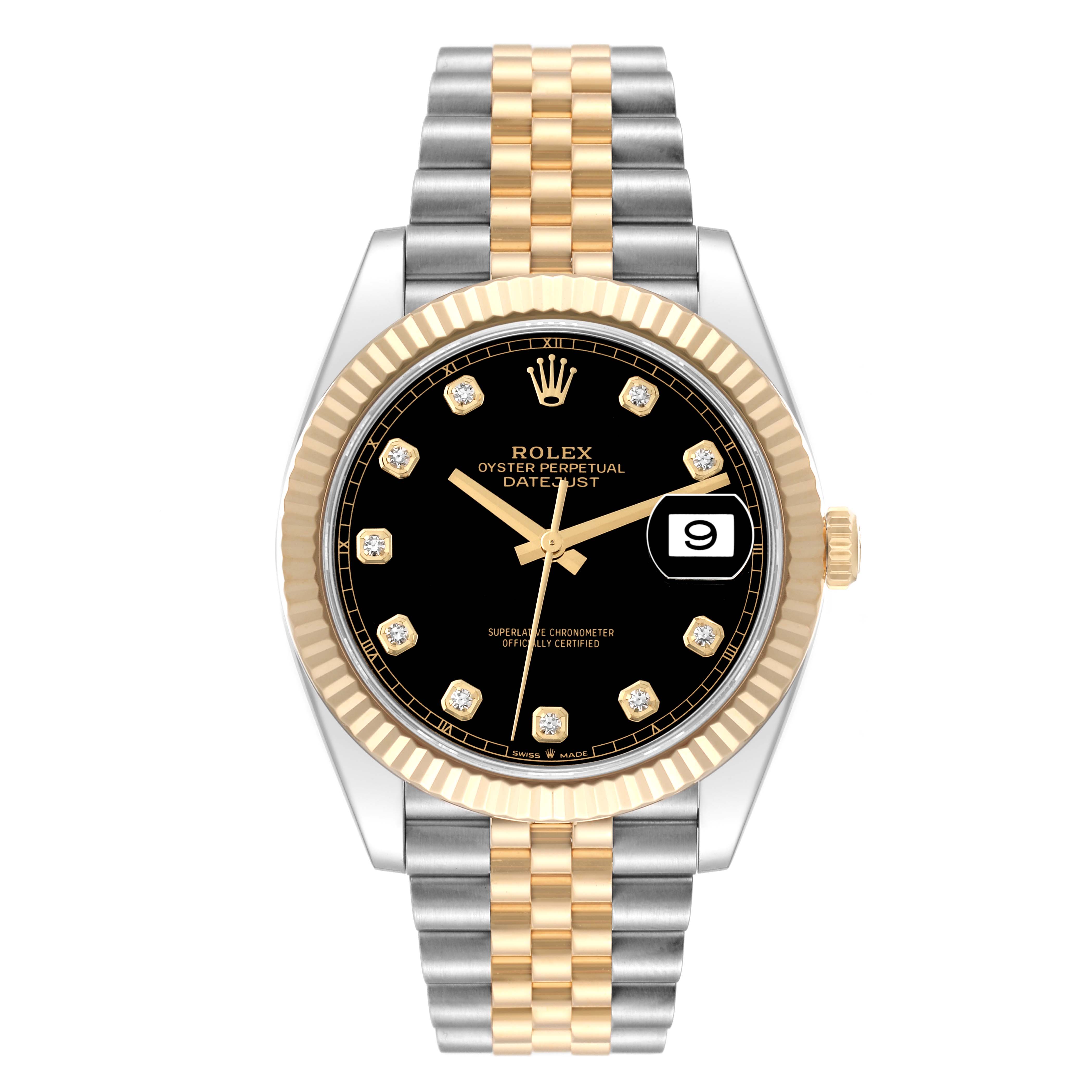 The image shows a front view of the Rolex Datejust 41 126333 Men's Steel and Gold (two tone) Black Dial 126333 Men's Steel and Gold (two tone) Black Dial watch with a black dial and two-tone bracelet.