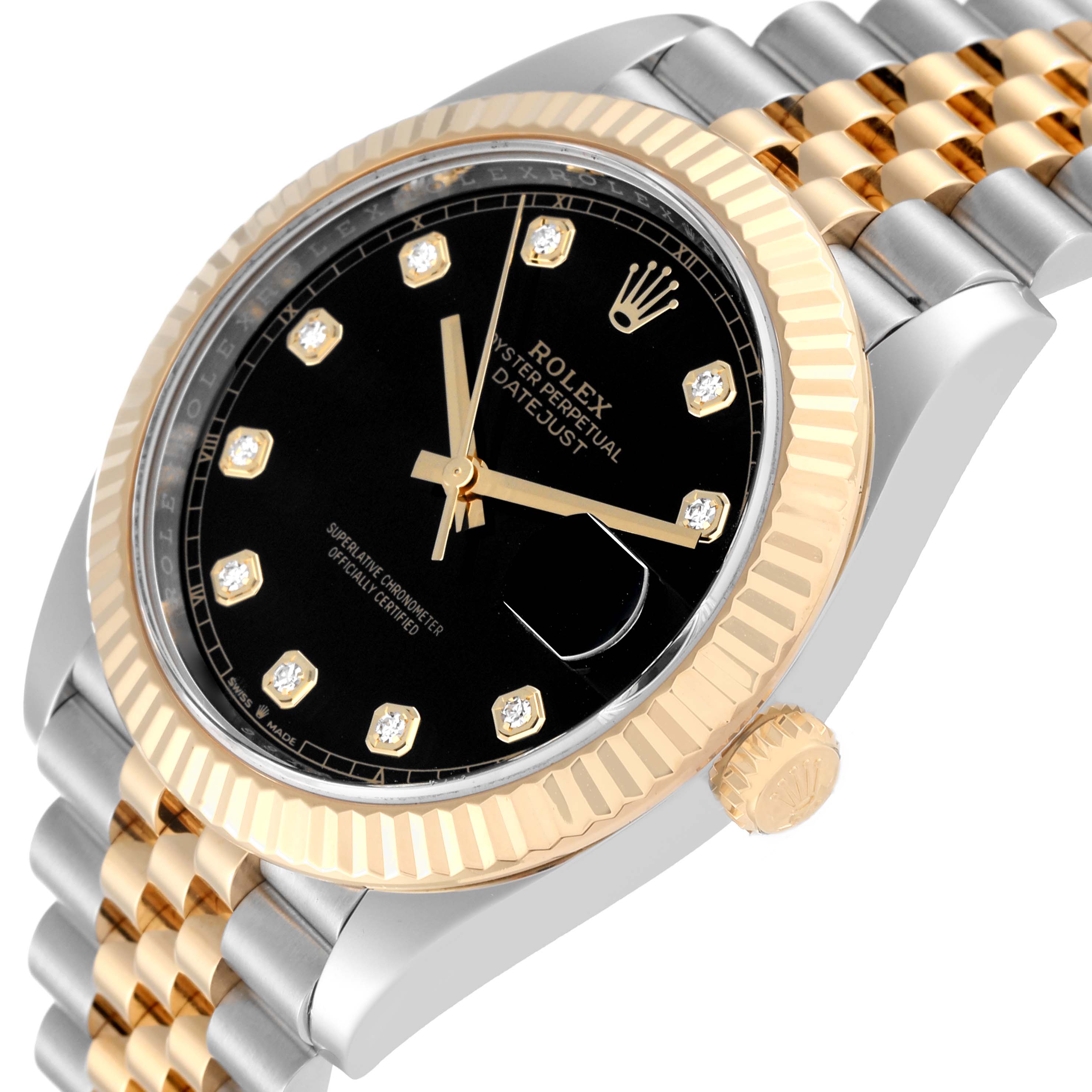 The image shows an angled view of the Rolex Datejust 41 126333 Men's Steel and Gold (two tone) Black Dial 126333 Men's Steel and Gold (two tone) Black Dial watch, highlighting its bezel, crown, and part of the bracelet.