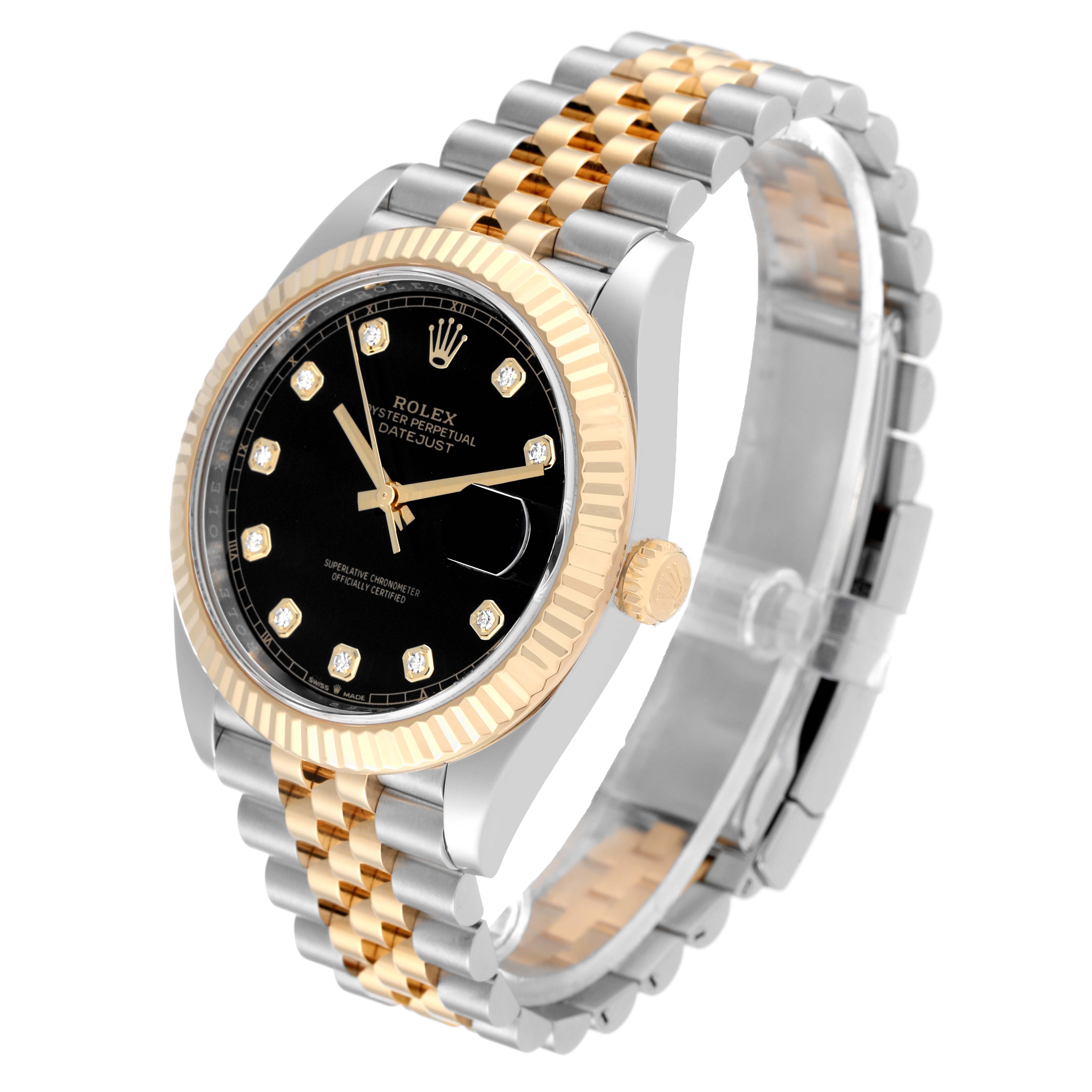 The image shows a side angle of the Rolex Datejust 41 126333 Men's Steel and Gold (two tone) Black Dial 126333 Men's Steel and Gold (two tone) Black Dial, highlighting its black dial, fluted bezel, and two-tone bracelet.