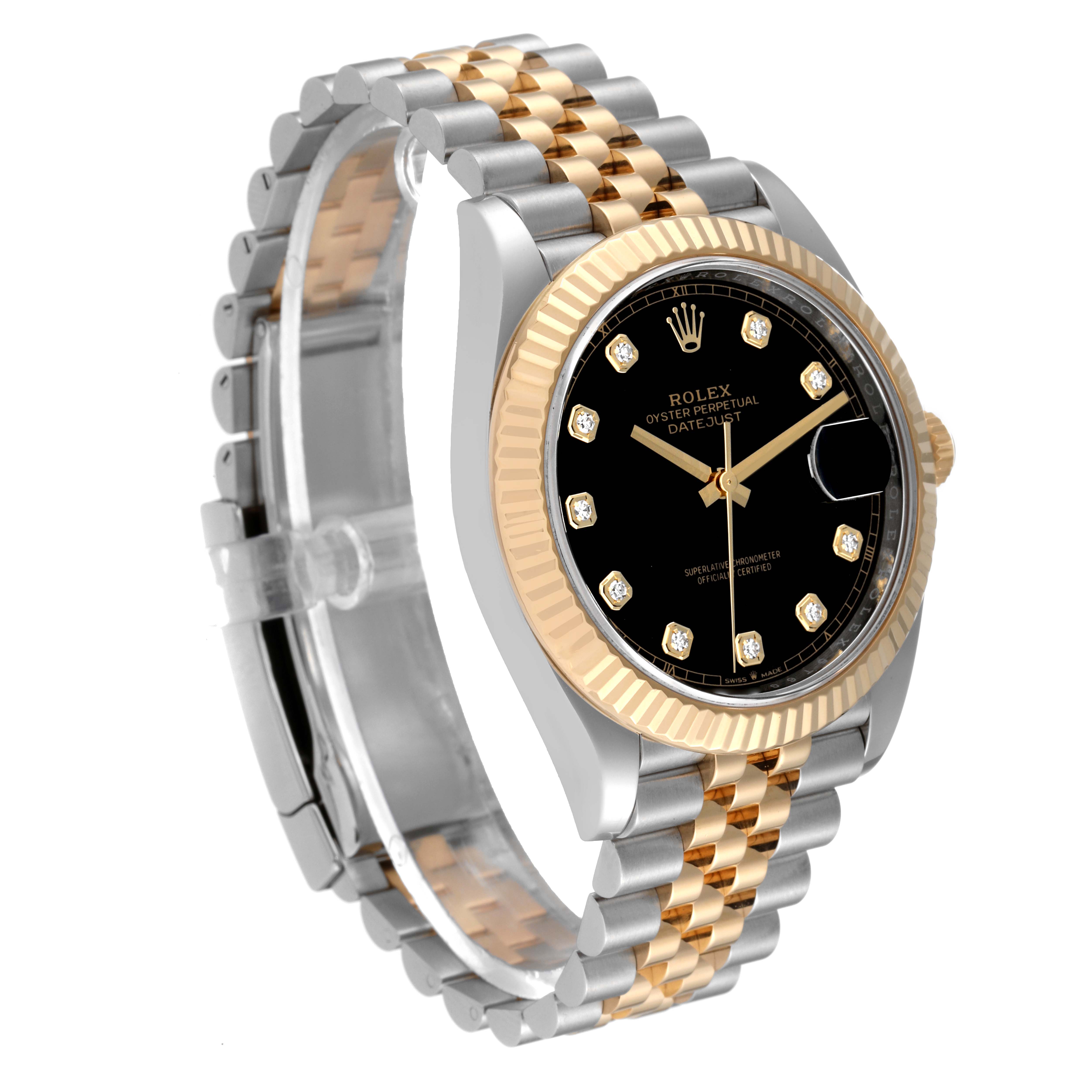 The Rolex Datejust 41 126333 Men's Steel and Gold (two tone) Black Dial 126333 Men's Steel and Gold (two tone) Black Dial watch is shown at an angled side view, displaying the two-tone bracelet, black dial, and fluted bezel.