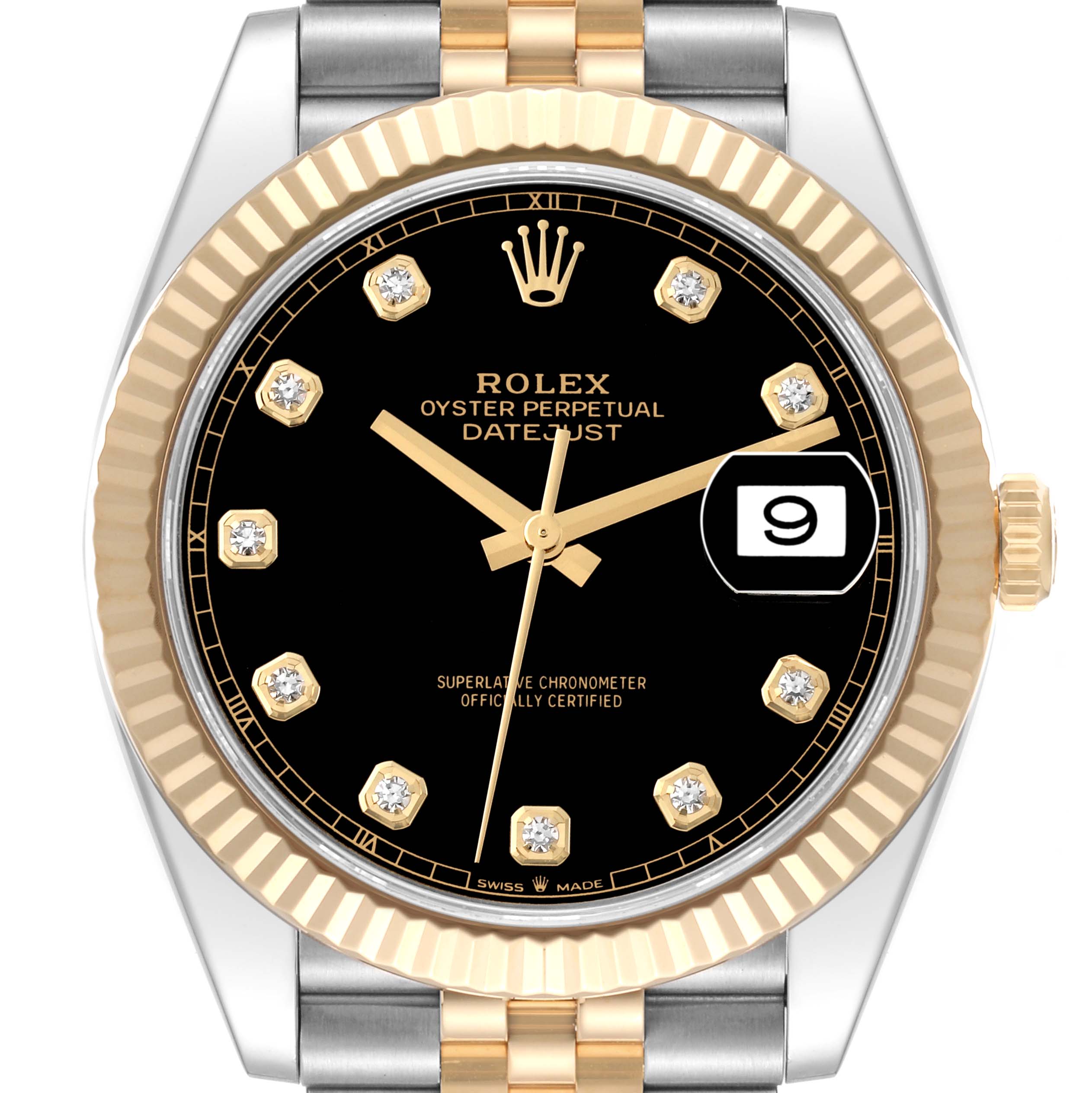 The Rolex Datejust 41 126333 Men's Steel and Gold (two tone) Black Dial 126333 Men's Steel and Gold (two tone) Black Dial is shown from a frontal angle, displaying the dial, hands, date window, bezel, and part of the bracelet.