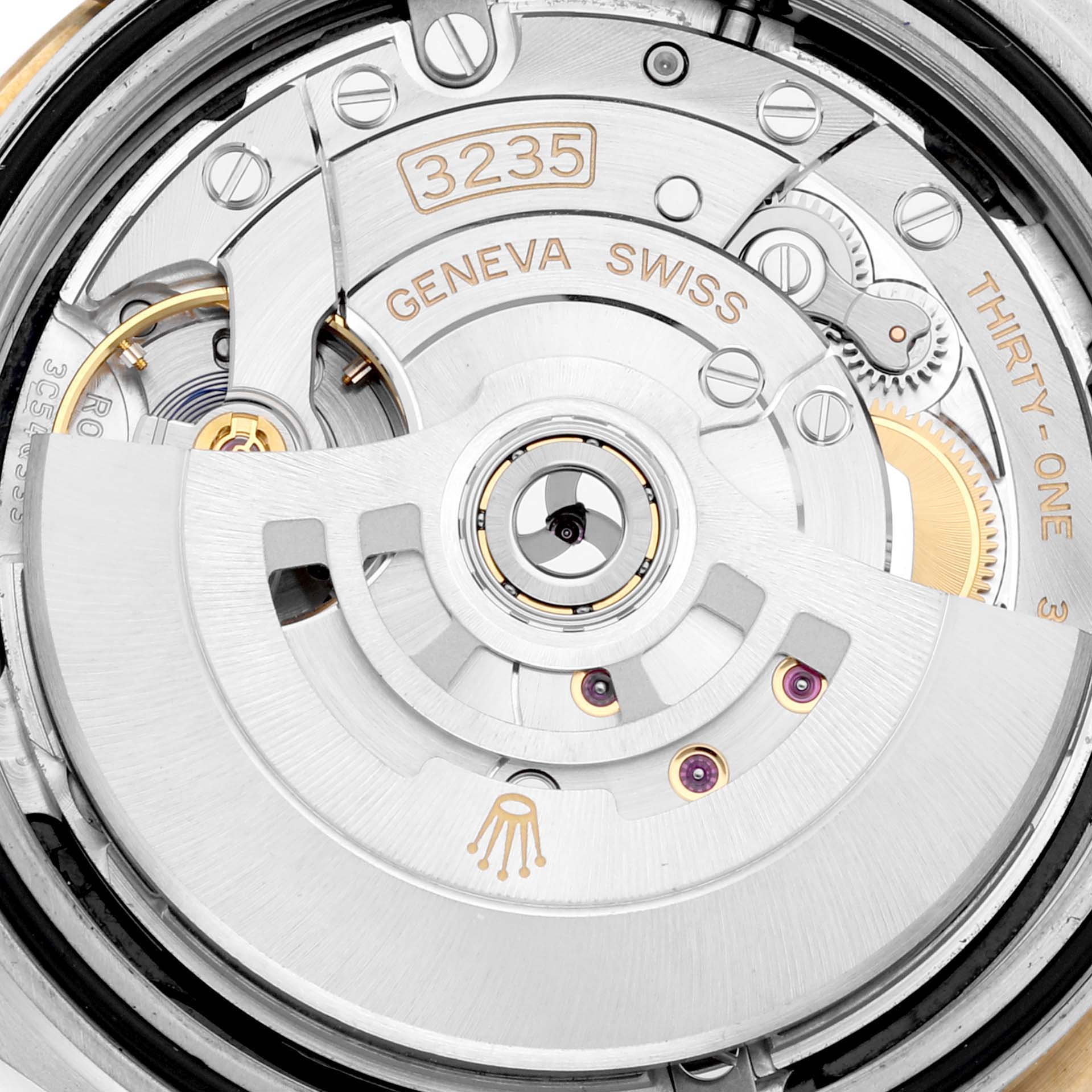 The image shows a close-up of the movement mechanism of the Rolex Datejust 41 126333 Men's Steel and Gold (two tone) Black Dial 126333 Men's Steel and Gold (two tone) Black Dial model, specifically the caliber 3235 movement.