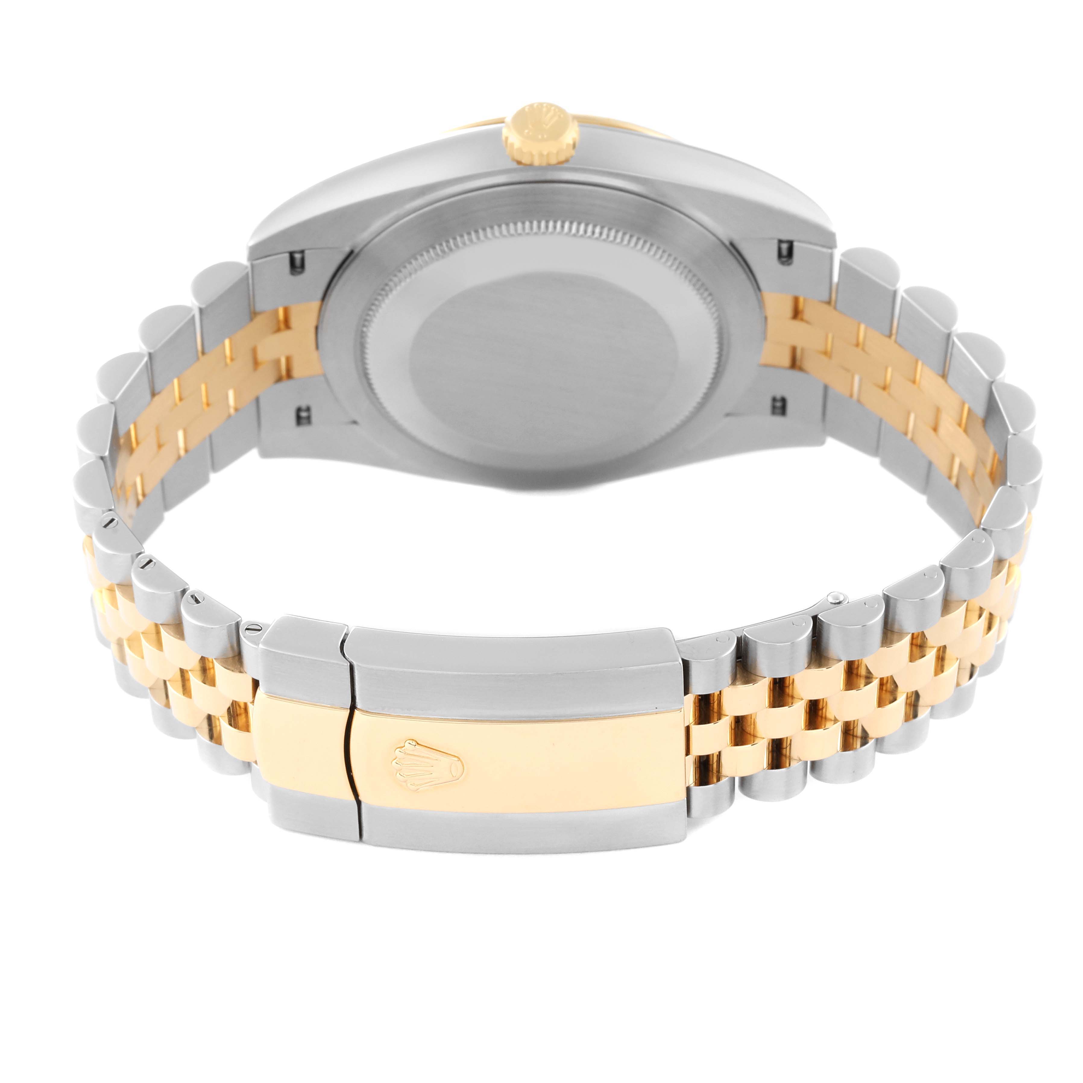 This image shows the backside and clasp of a Rolex Datejust 41 126333 Men's Steel and Gold (two tone) Black Dial 126333 Men's Steel and Gold (two tone) Black Dial, highlighting the two-tone metal bracelet.