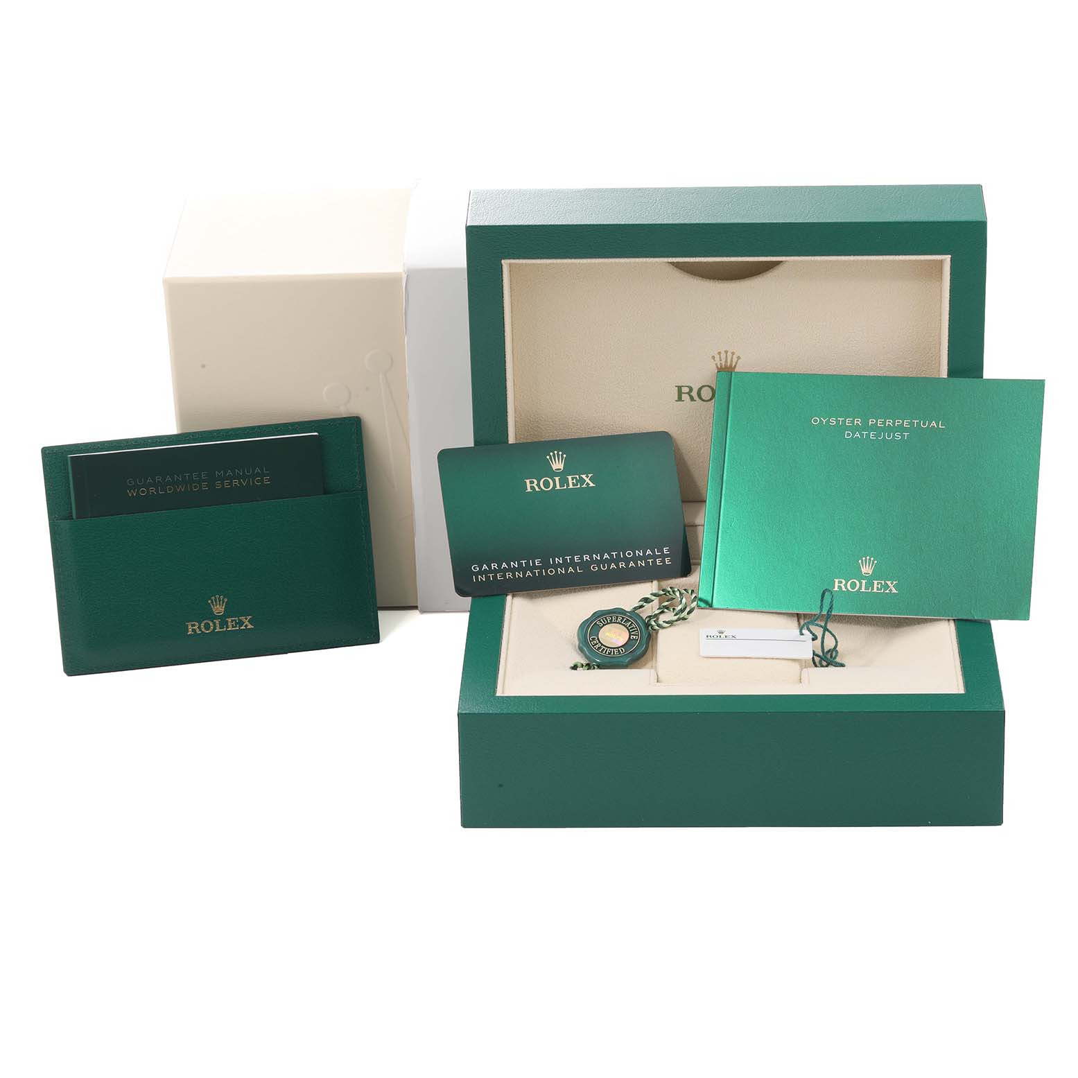 This image shows the packaging and accessories for the Rolex Datejust 41 126333 Men's Steel and Gold (two tone) Black Dial 126333 Men's Steel and Gold (two tone) Black Dial, including the box, guarantee card, manuals, and tags.