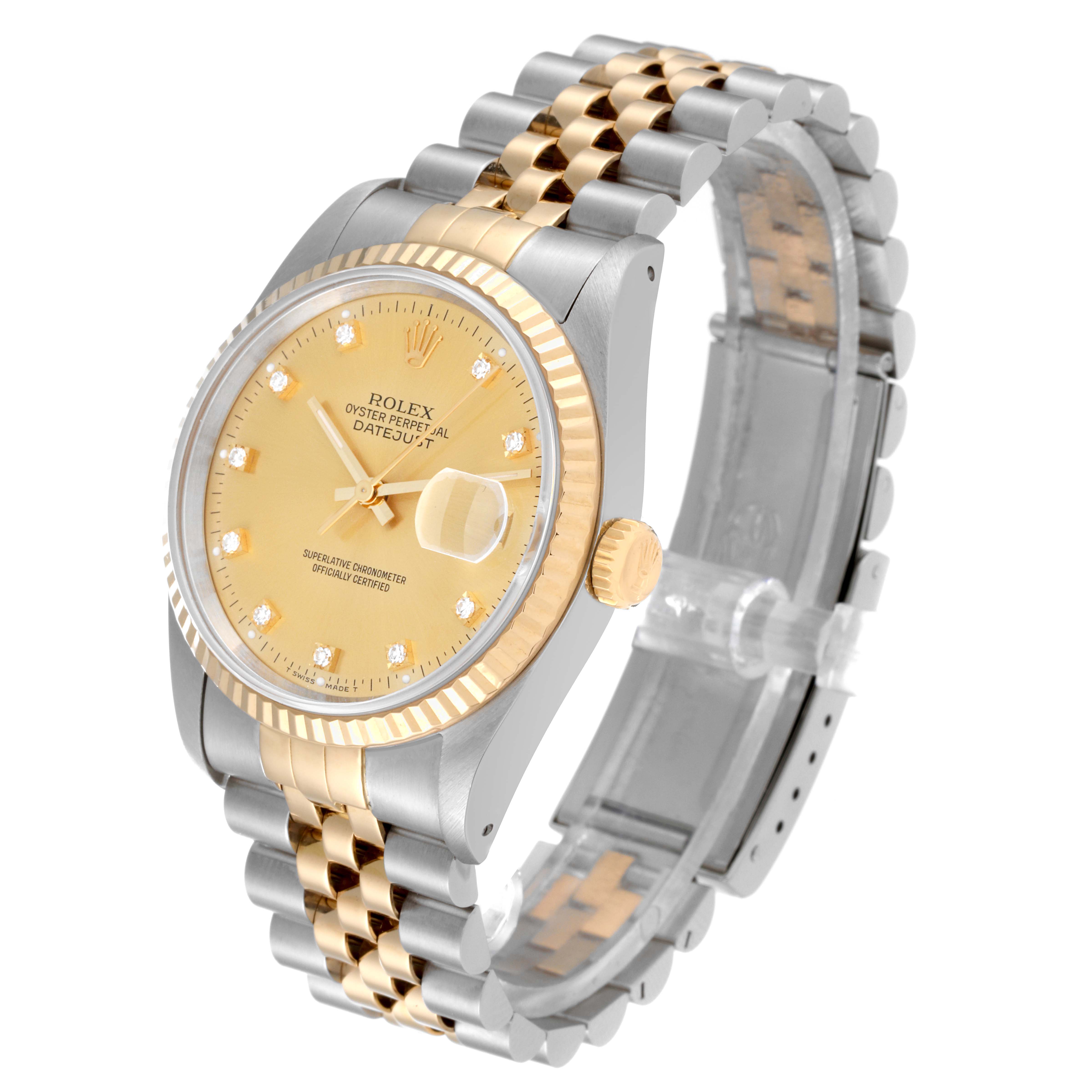 This Rolex Datejust 16233 Men's Steel and Gold (two tone) Champagne Dial 16233 Men's Steel and Gold (two tone) Champagne Dial watch is shown at a three-quarter angle, displaying the gold dial, fluted bezel, and two-tone Jubilee bracelet.