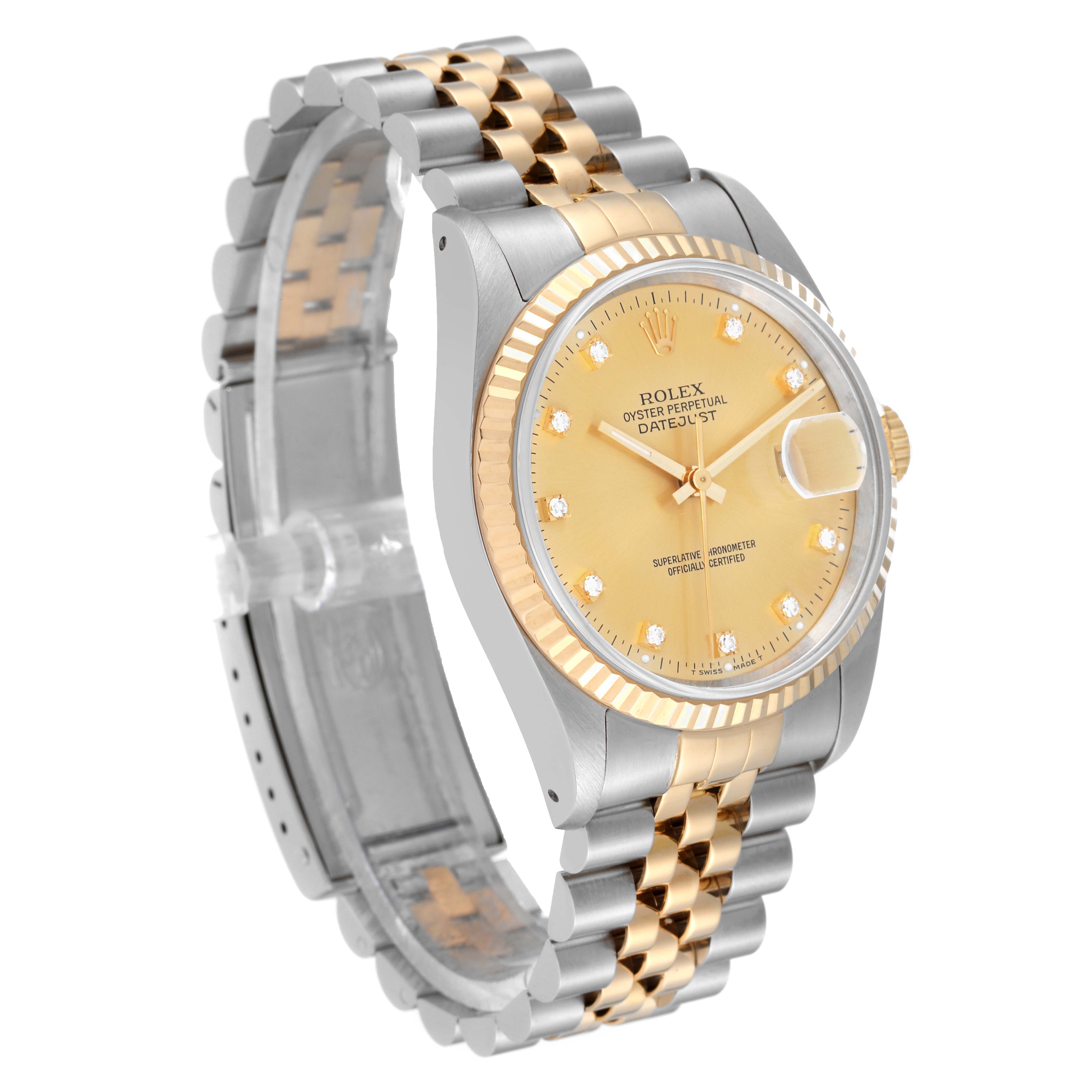 The Rolex Datejust 16233 Men's Steel and Gold (two tone) Champagne Dial 16233 Men's Steel and Gold (two tone) Champagne Dial watch is shown at an angled side view, displaying the two-tone bracelet and champagne dial.
