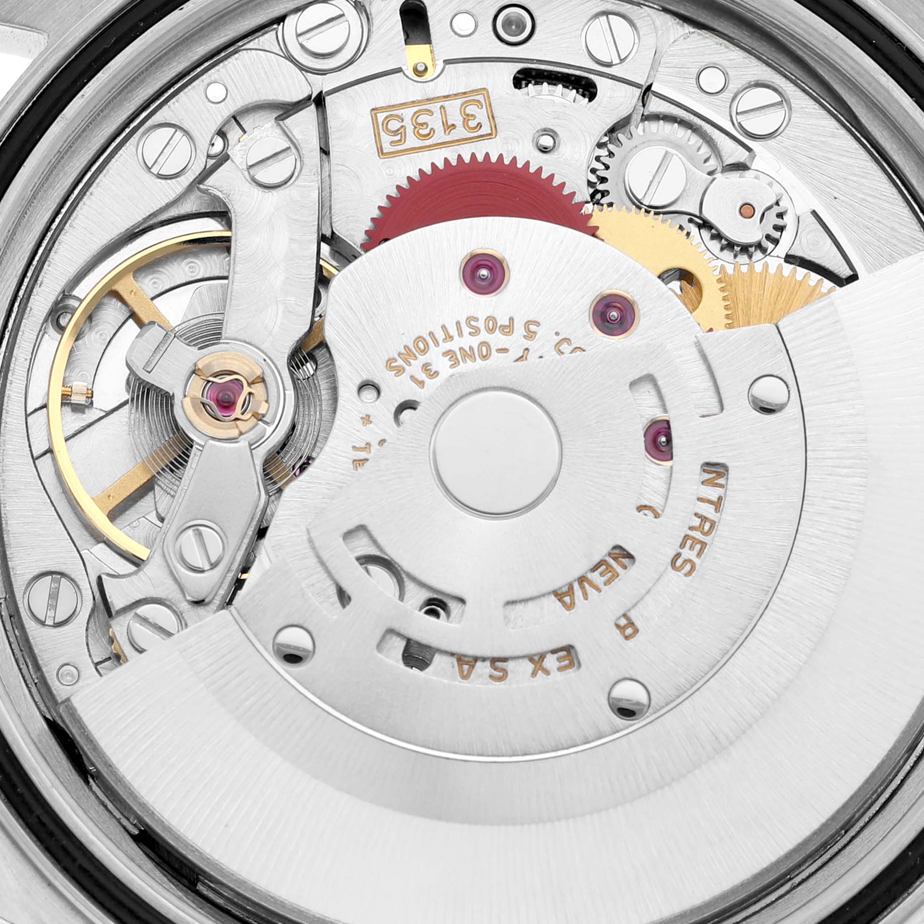 This image shows the intricate mechanical movement of a Rolex Datejust 16233 Men's Steel and Gold (two tone) Champagne Dial 16233 Men's Steel and Gold (two tone) Champagne Dial watch from a close-up angle.