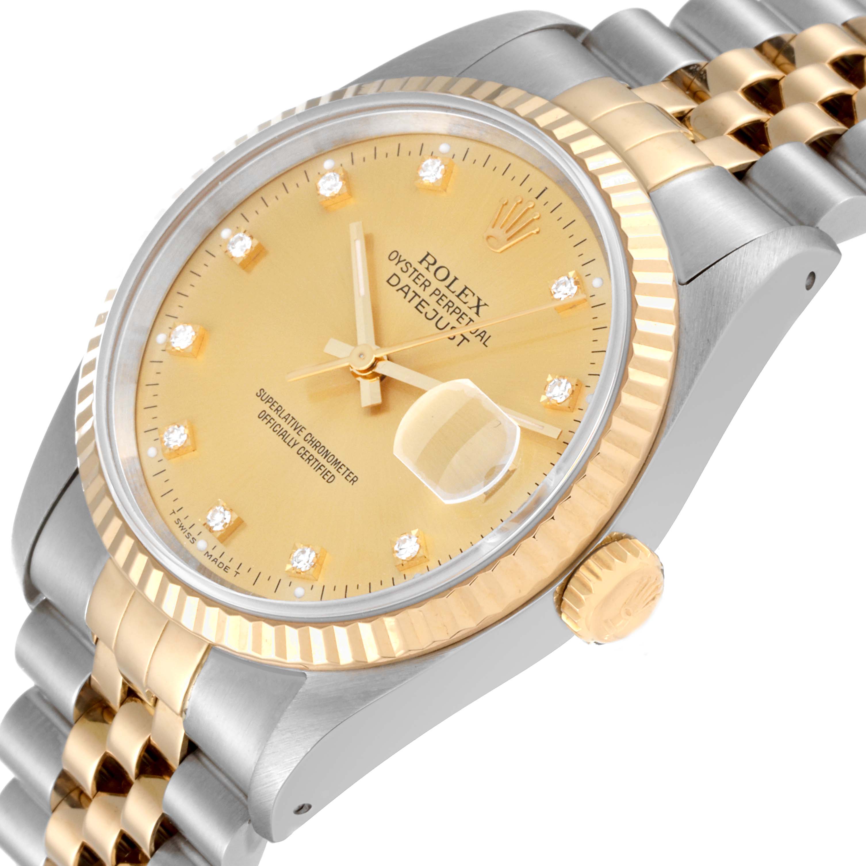 This image shows a close-up, angled view of a Rolex Datejust 16233 Men's Steel and Gold (two tone) Champagne Dial 16233 Men's Steel and Gold (two tone) Champagne Dial watch, highlighting its gold dial, bezel, crown, and the two-tone bracelet.