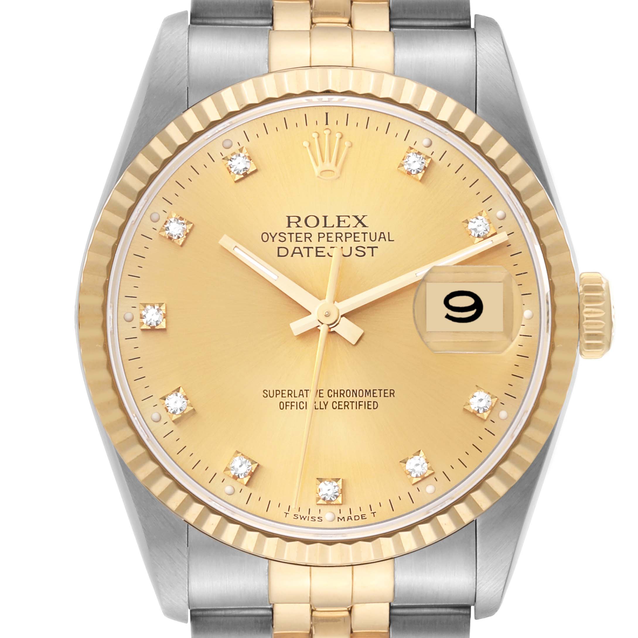 This image shows a front view of a Rolex Datejust 16233 Men's Steel and Gold (two tone) Champagne Dial 16233 Men's Steel and Gold (two tone) Champagne Dial watch, highlighting its dial, bezel, hands, and bracelet.