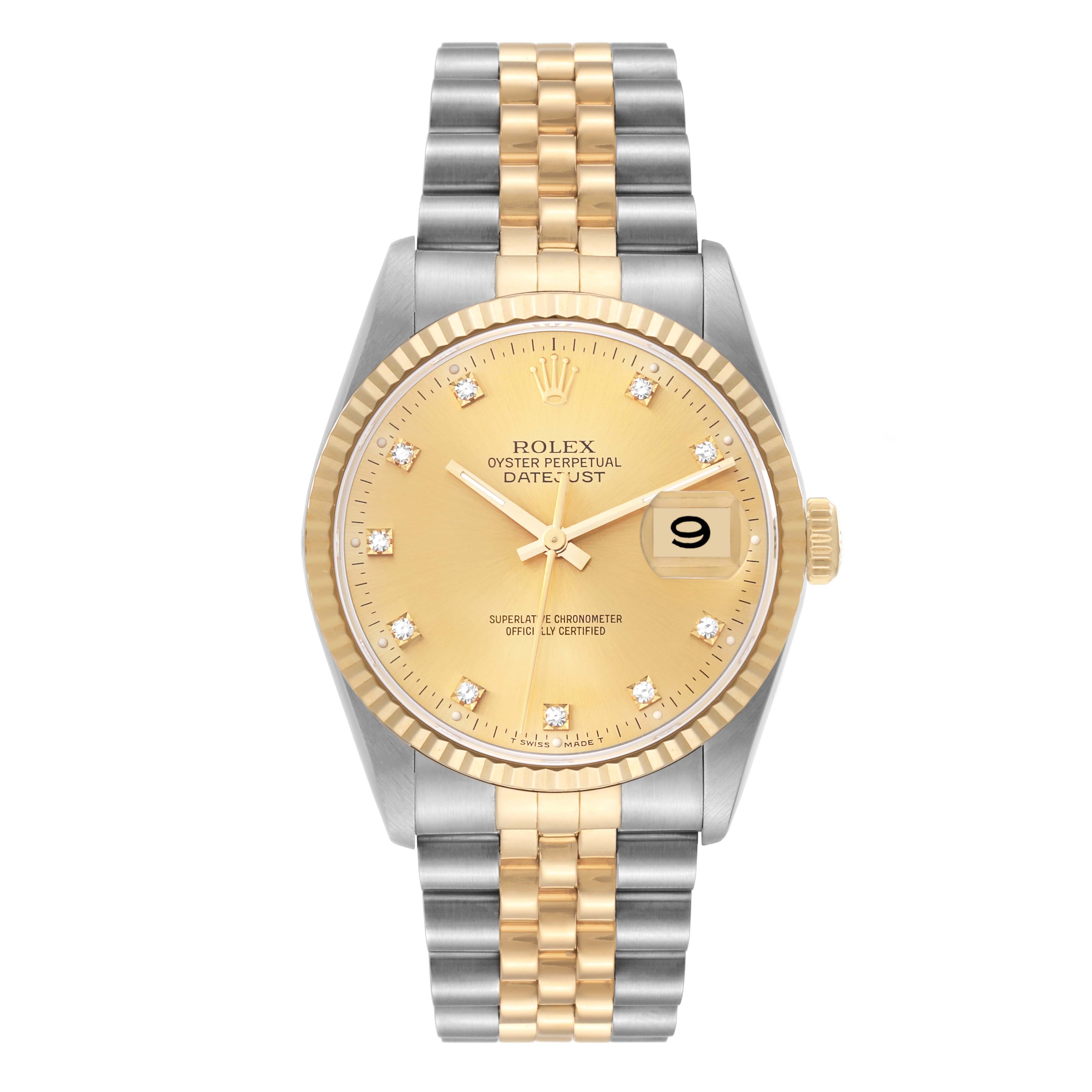 This image shows a Rolex Datejust 16233 Men's Steel and Gold (two tone) Champagne Dial 16233 Men's Steel and Gold (two tone) Champagne Dial watch from a front angle, highlighting the dial, bezel, and two-tone bracelet.