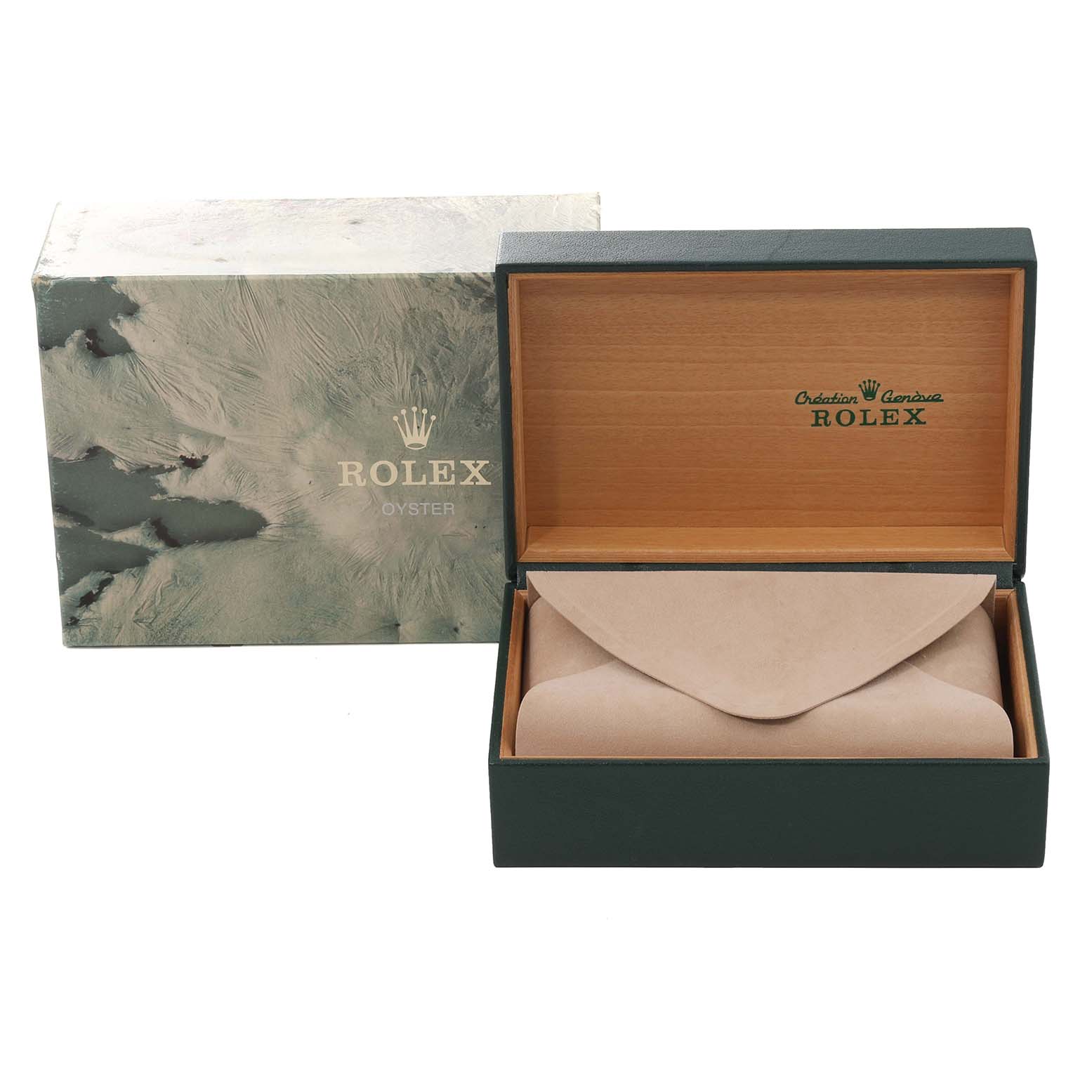 This image shows an open Rolex Datejust 16233 Men's Steel and Gold (two tone) Champagne Dial 16233 Men's Steel and Gold (two tone) Champagne Dial watch box with its cushioned interior and outer green and white textured packaging box.