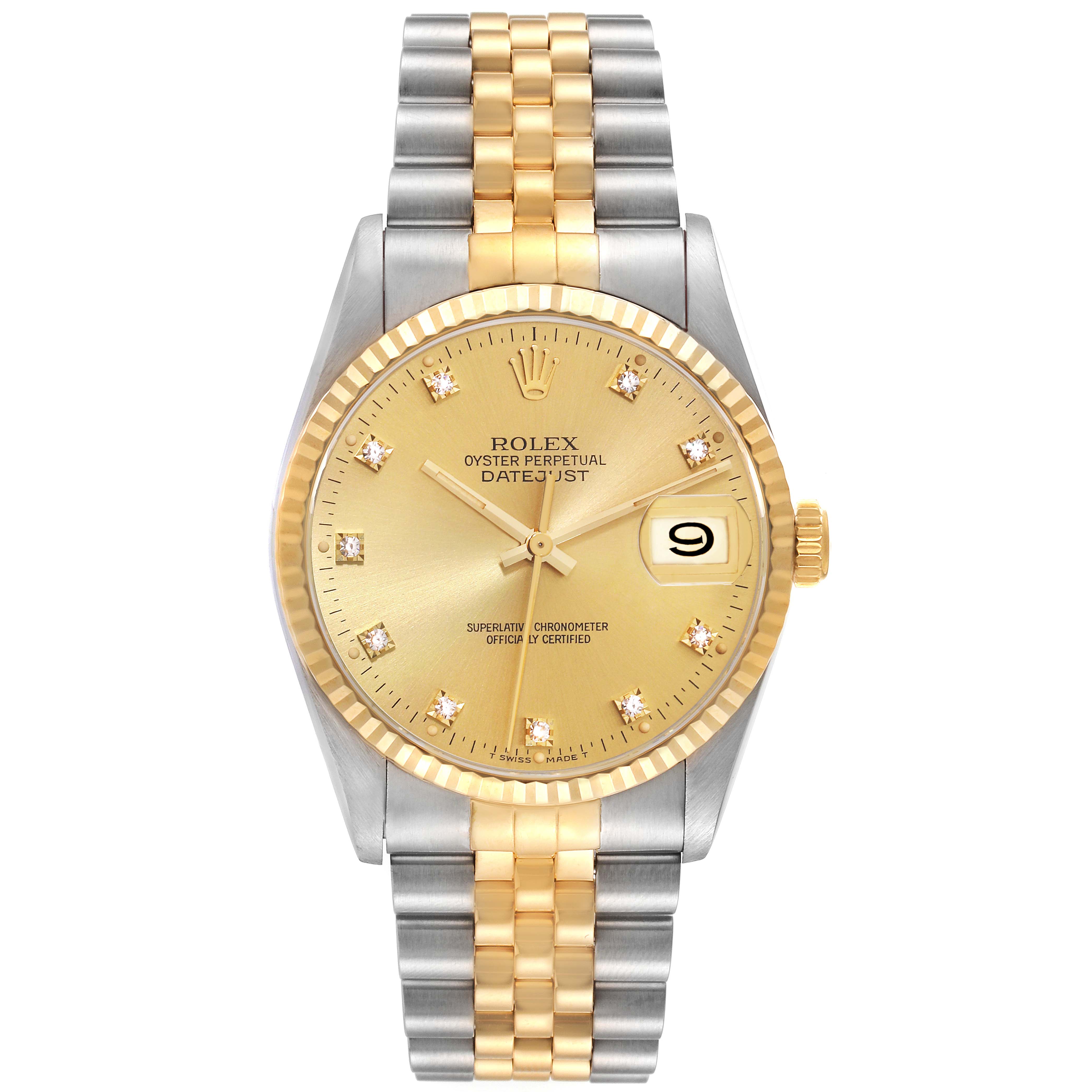 This image shows a Rolex Datejust 16233 Men's Steel and Gold (two tone) Champagne Dial 16233 Men's Steel and Gold (two tone) Champagne Dial watch from a front angle, displaying its dial, bezel, and bracelet.