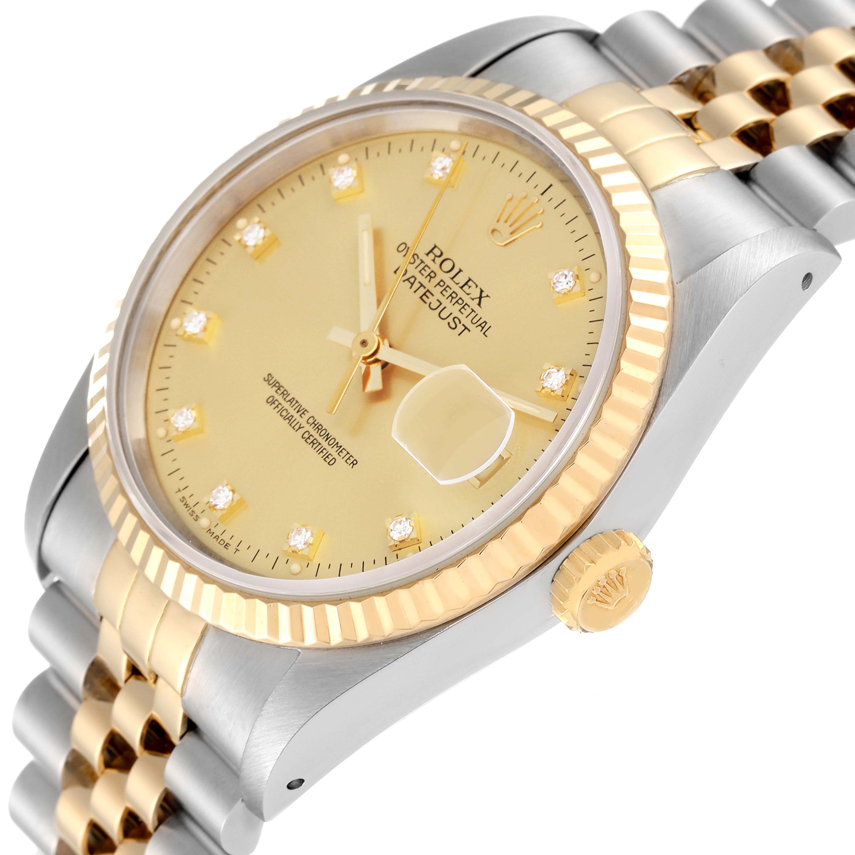 The image shows a close-up, angled view of a Rolex Datejust 16233 Men's Steel and Gold (two tone) Champagne Dial 16233 Men's Steel and Gold (two tone) Champagne Dial watch, highlighting the dial, bezel, crown, and part of the bracelet.
