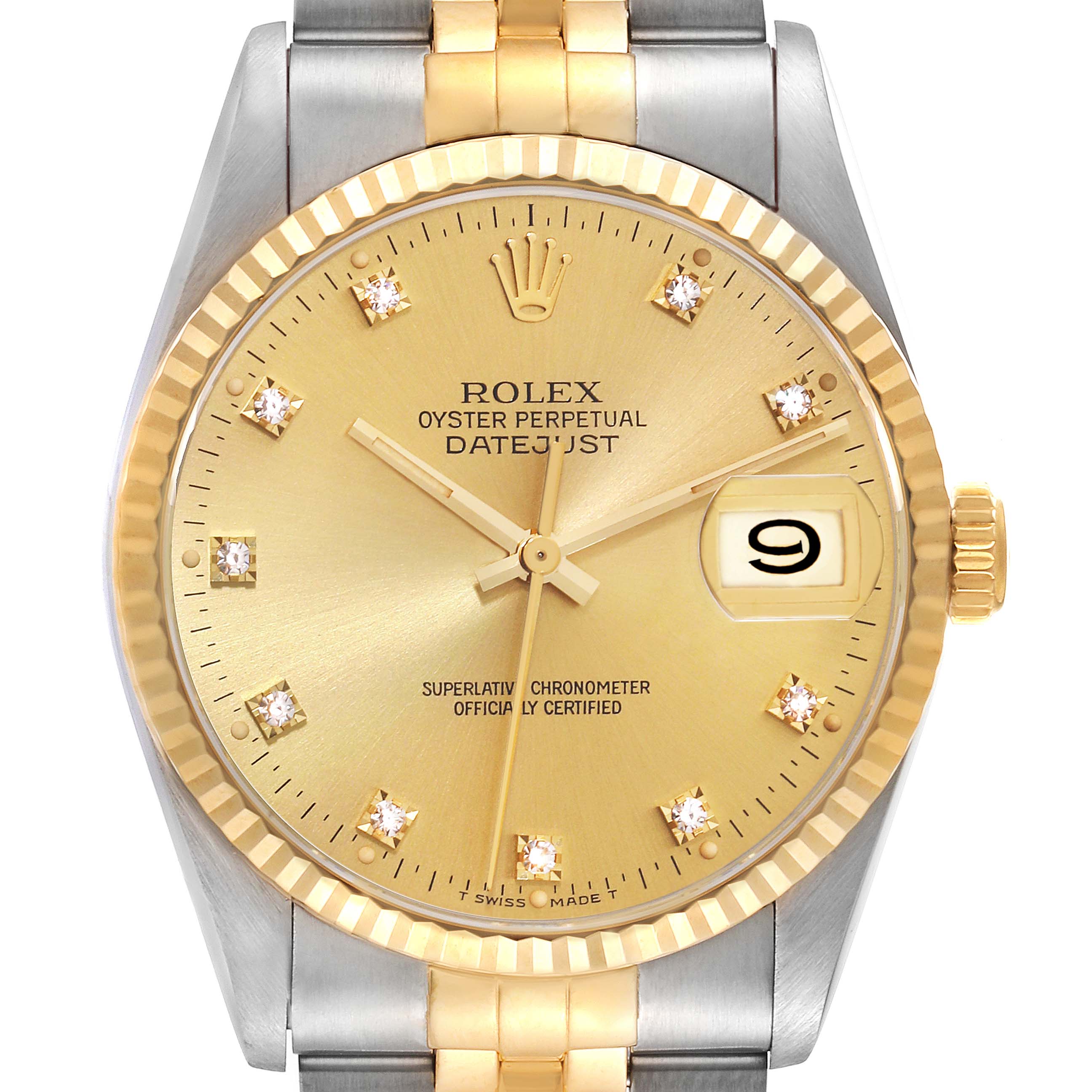 This image shows a frontal view of the Rolex Datejust 16233 Men's Steel and Gold (two tone) Champagne Dial 16233 Men's Steel and Gold (two tone) Champagne Dial watch, highlighting the dial, bezel, and part of the bracelet.