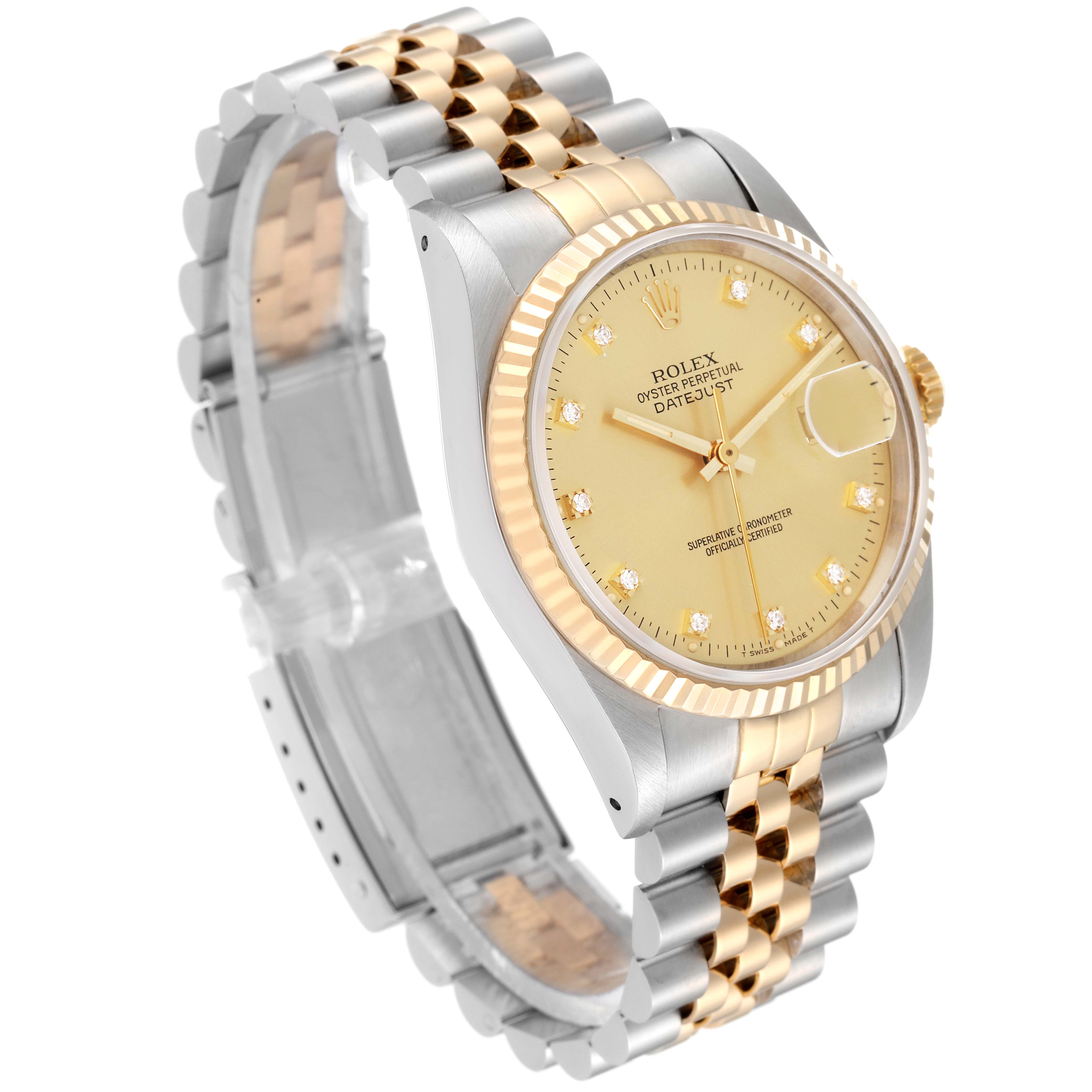 This image shows a Rolex Datejust 16233 Men's Steel and Gold (two tone) Champagne Dial 16233 Men's Steel and Gold (two tone) Champagne Dial watch at a three-quarter angle, featuring its face, bezel, crown, and Jubilee bracelet.
