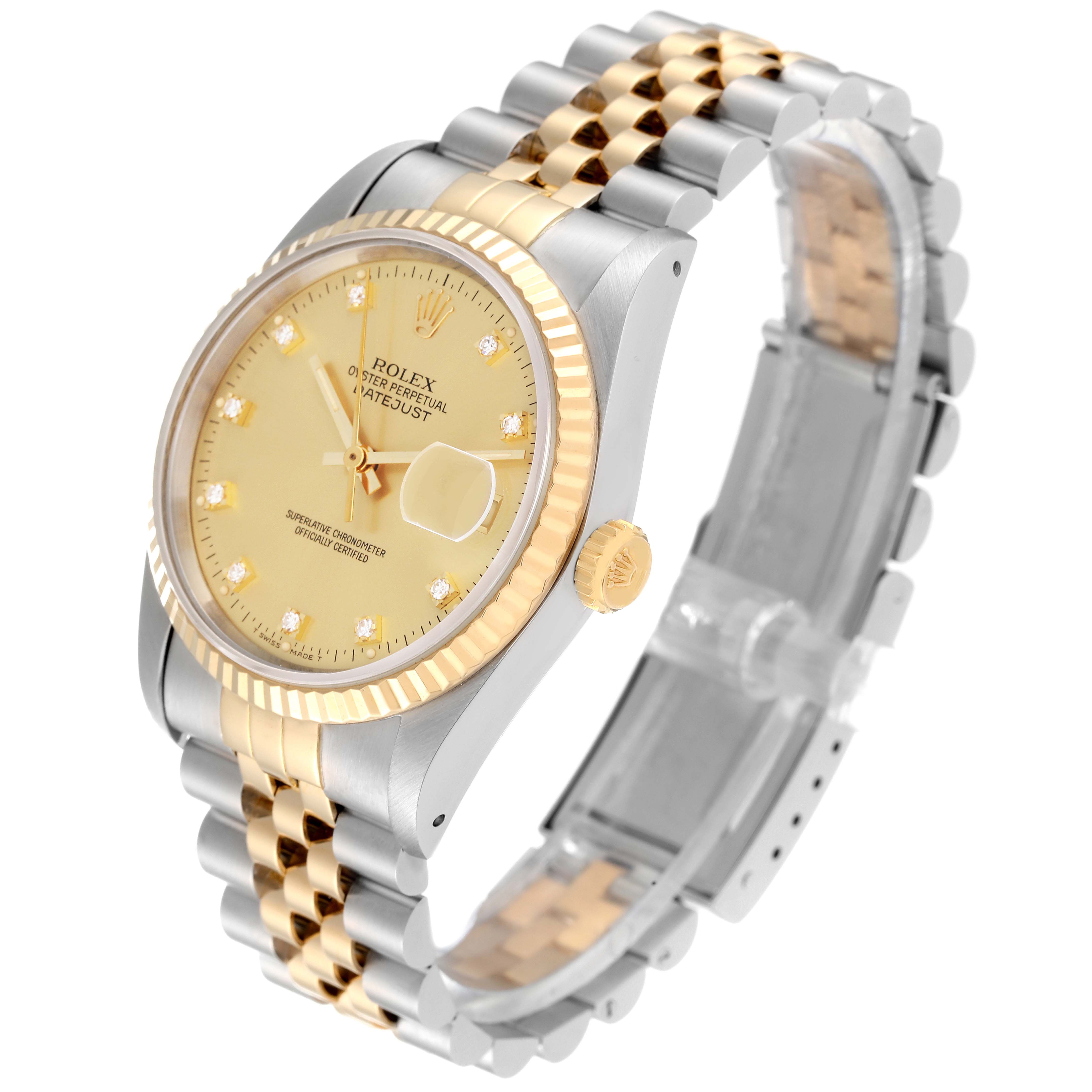 This image shows a Rolex Datejust 16233 Men's Steel and Gold (two tone) Champagne Dial 16233 Men's Steel and Gold (two tone) Champagne Dial watch at an angled front view, highlighting its face, fluted bezel, and two-tone bracelet.