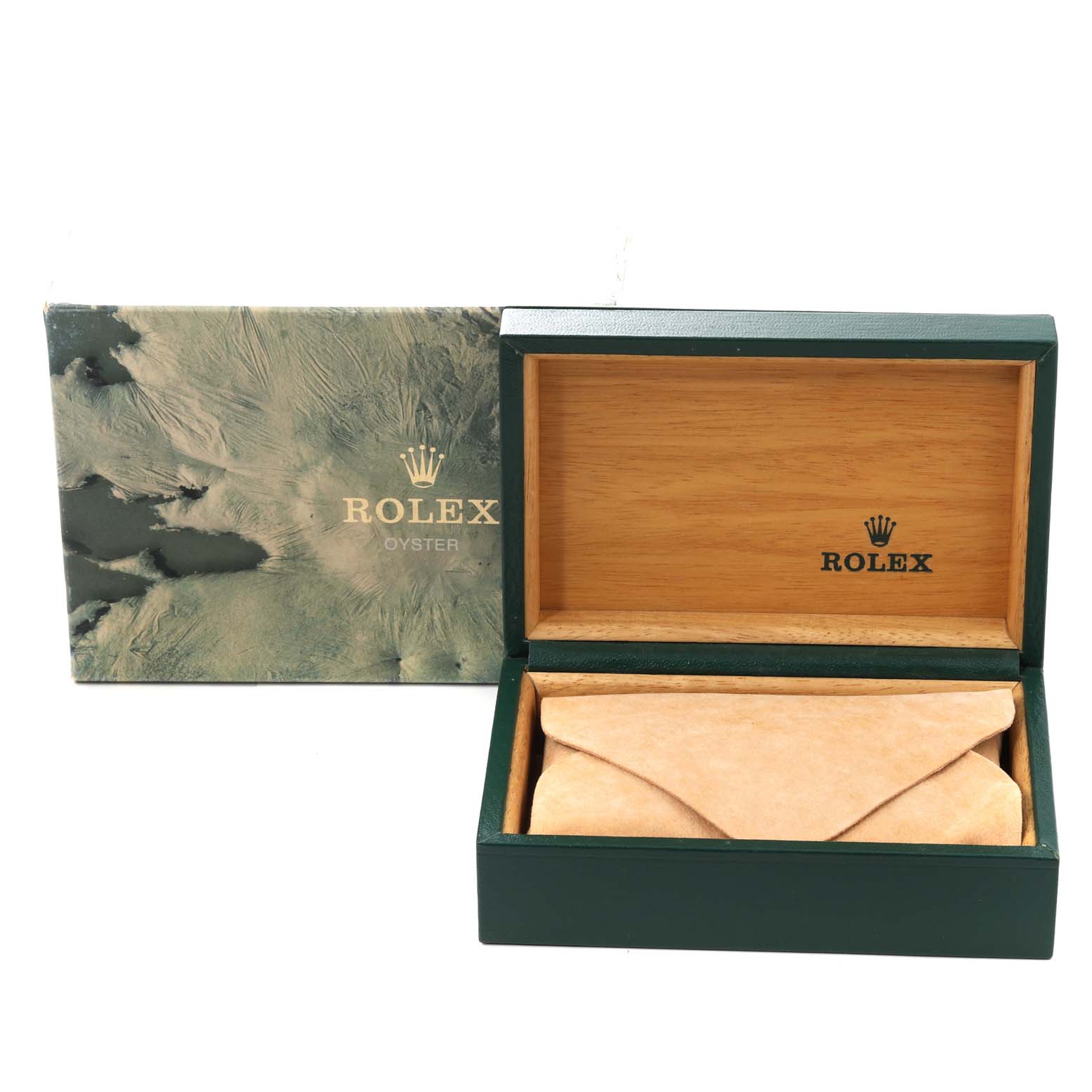 The image shows the packaging for a Rolex Datejust 16233 Men's Steel and Gold (two tone) Champagne Dial 16233 Men's Steel and Gold (two tone) Champagne Dial watch, including the outer box and the inner wooden box with a cushion.