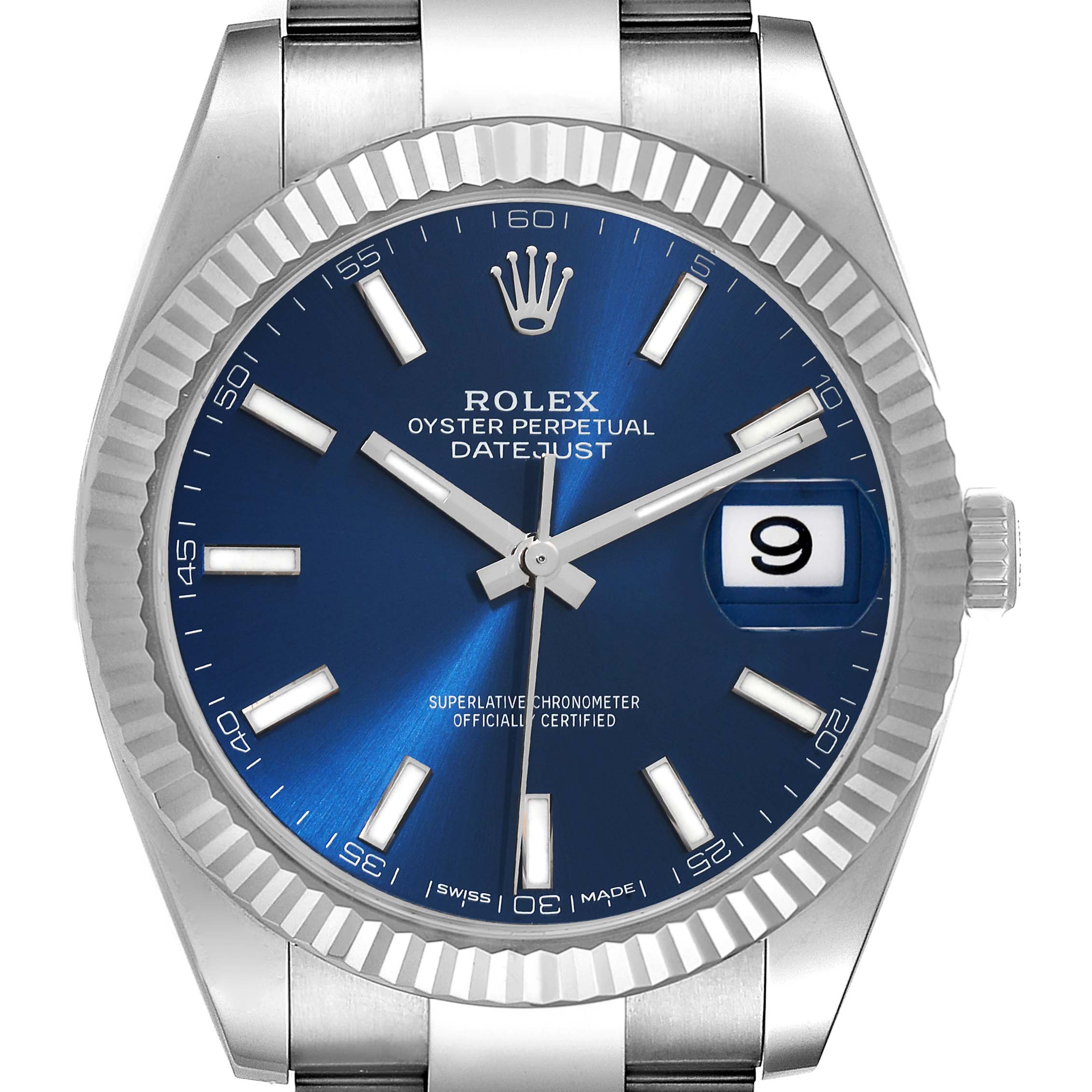 The image shows a Rolex Datejust 41 126334 Men's Stainless Steel Blue Dial 126334 Men's Stainless Steel Blue Dial watch face-on, highlighting its blue dial, date window, and fluted bezel.