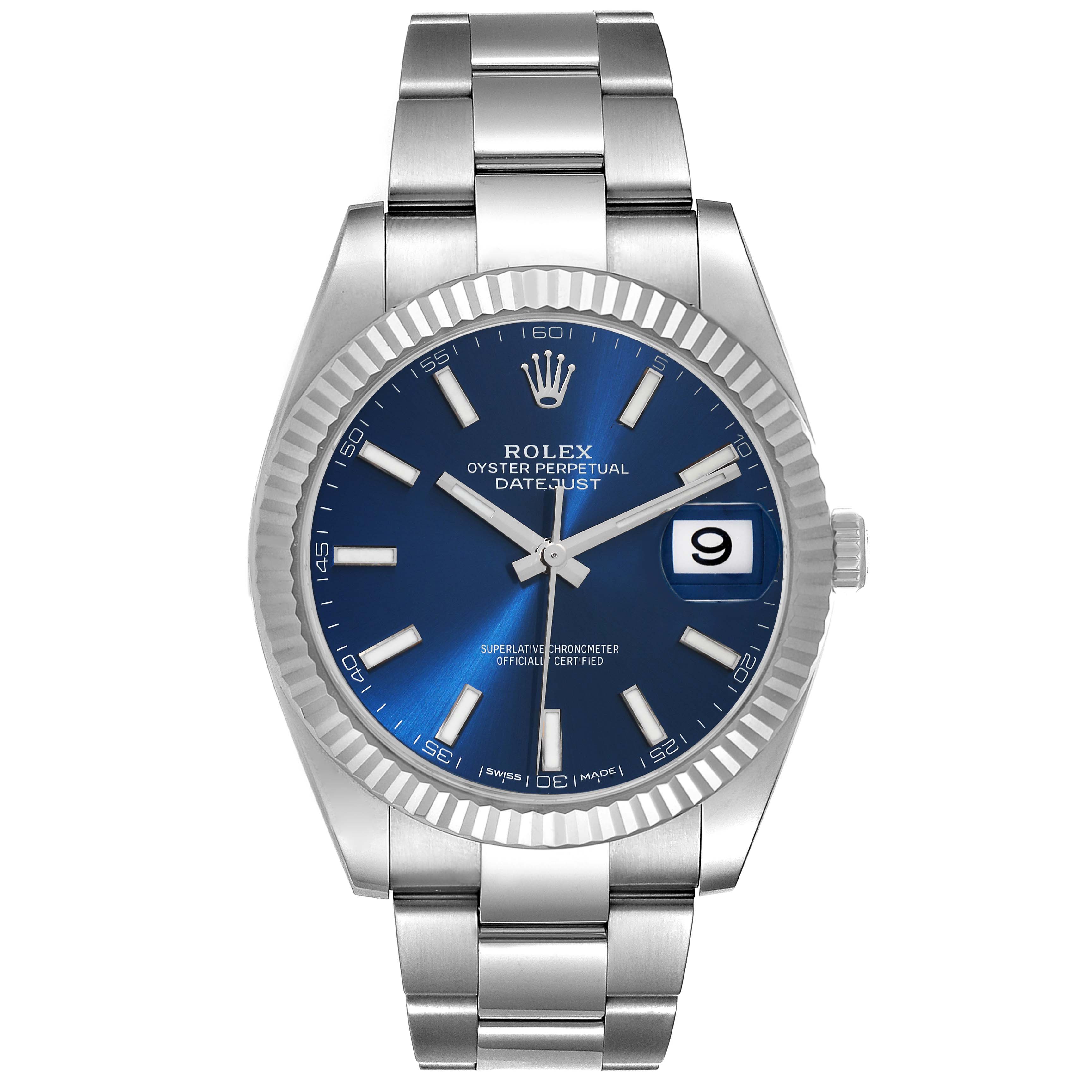 This image shows the front view of a Rolex Datejust 41 126334 Men's Stainless Steel Blue Dial 126334 Men's Stainless Steel Blue Dial watch with a blue dial and silver bracelet.