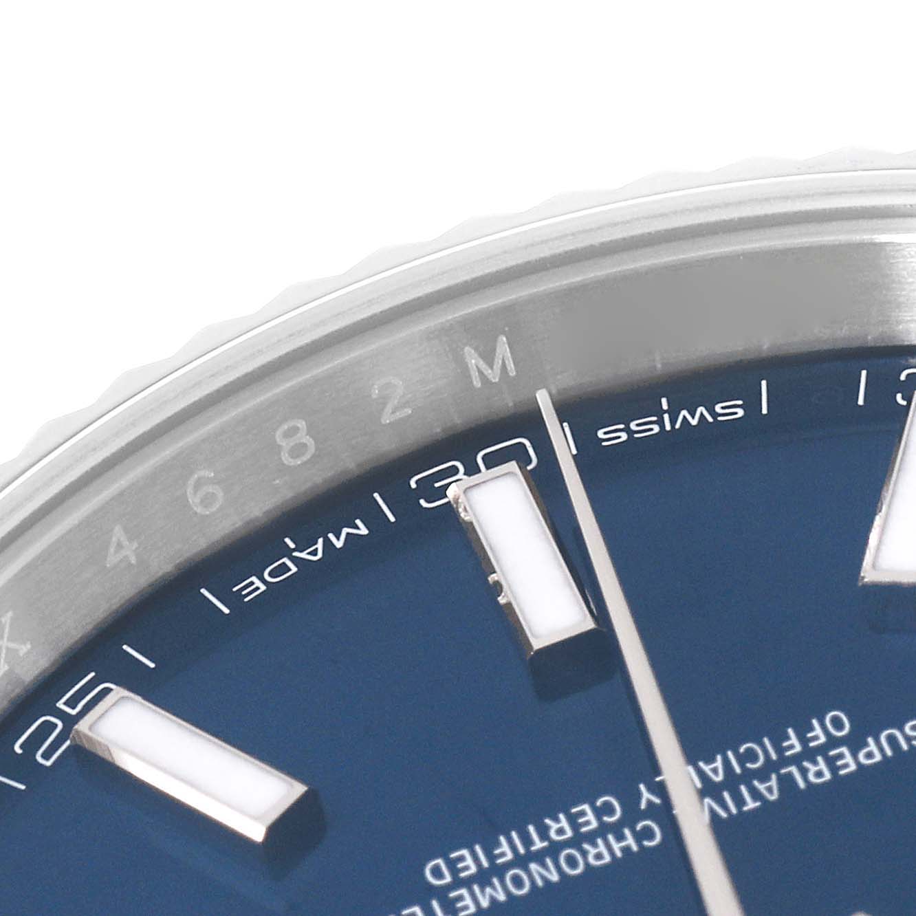 This image shows a close-up of the dial and some markers of the Rolex Datejust 41 126334 Men's Stainless Steel Blue Dial 126334 Men's Stainless Steel Blue Dial watch.
