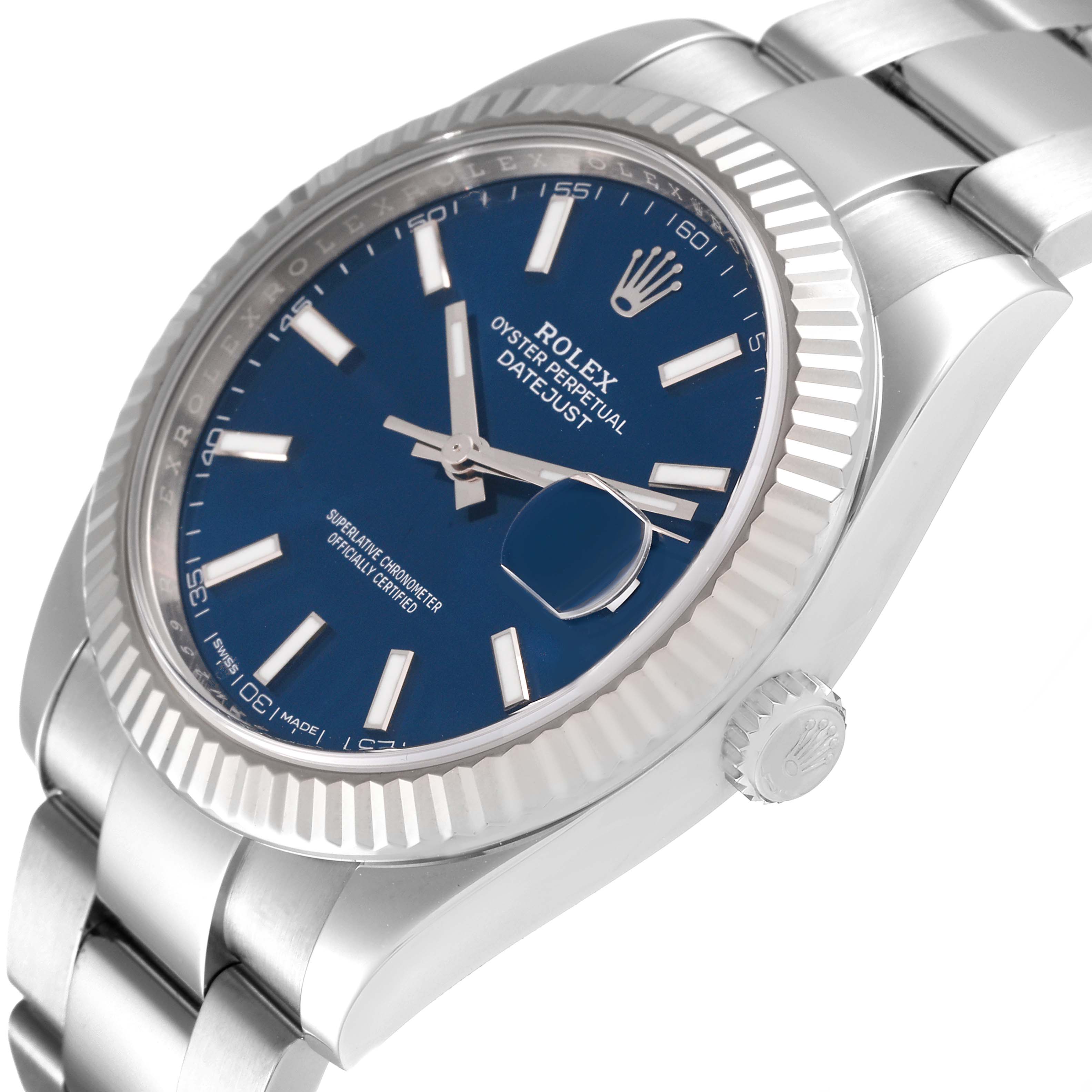 The image shows a close-up angled view of the Rolex Datejust 41 126334 Men's Stainless Steel Blue Dial 126334 Men's Stainless Steel Blue Dial watch, highlighting its blue dial, fluted bezel, and part of the bracelet.