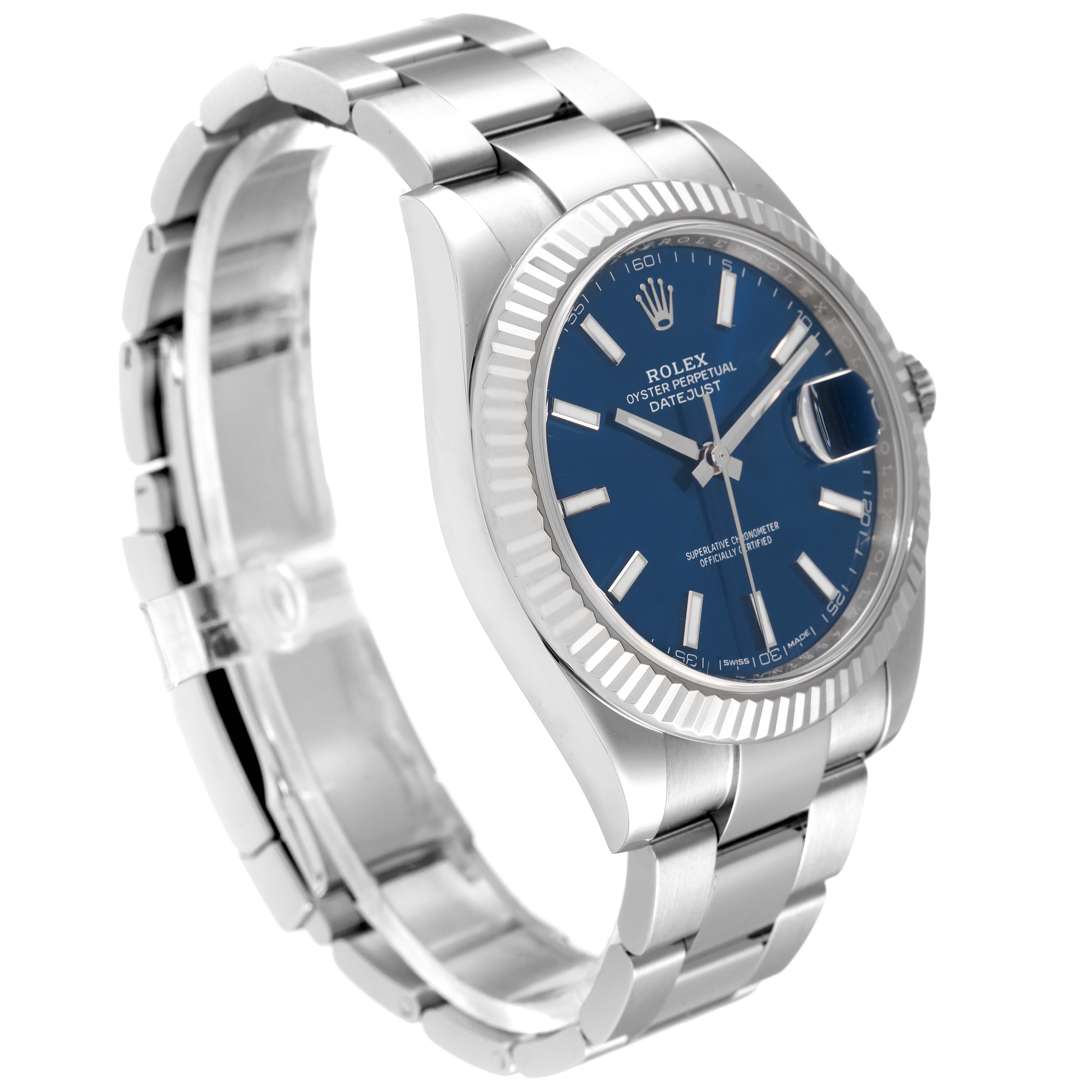 This image shows a Rolex Datejust 41 126334 Men's Stainless Steel Blue Dial 126334 Men's Stainless Steel Blue Dial model watch at an angled side view, highlighting its blue dial, fluted bezel, and oyster bracelet.