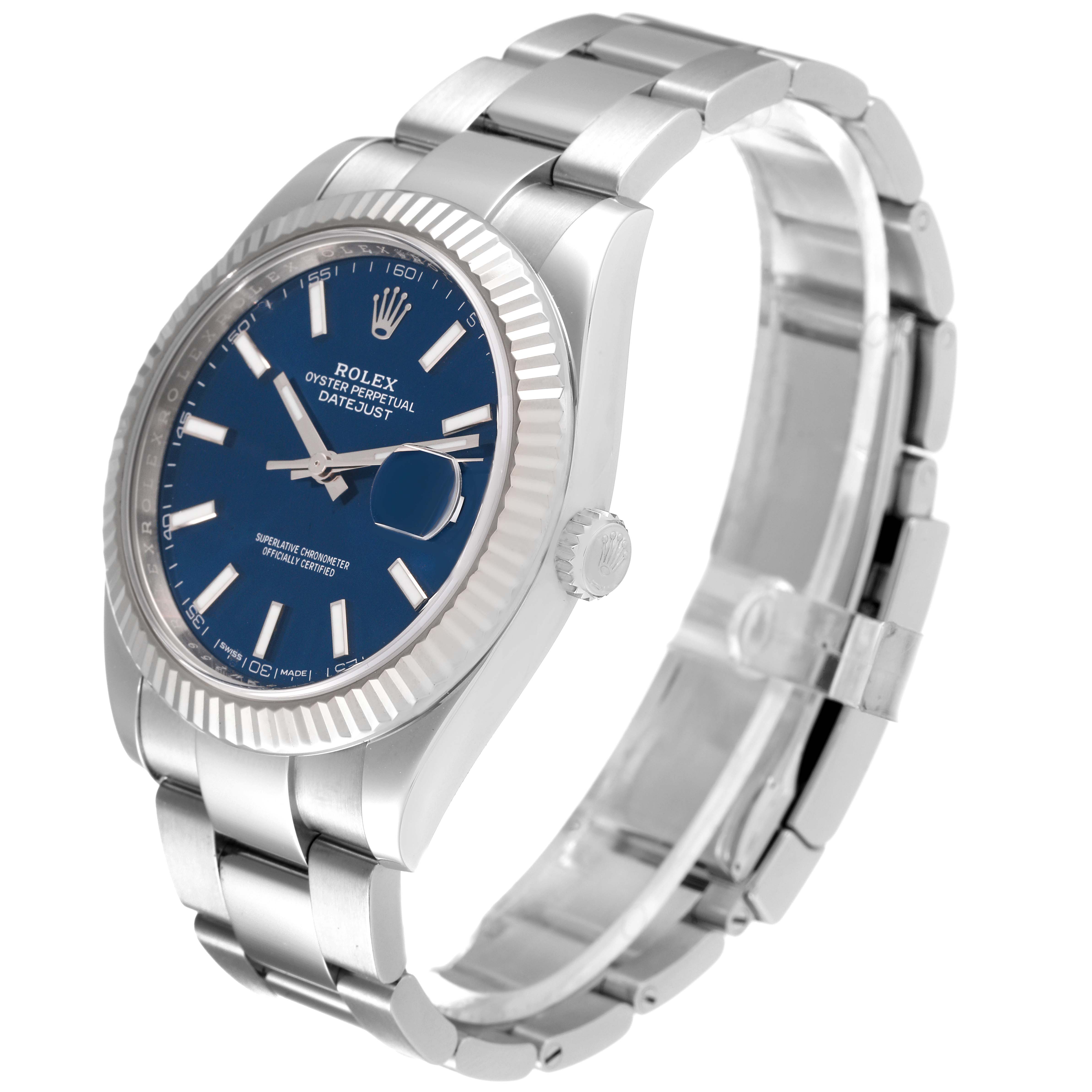 The image shows a Rolex Datejust 41 126334 Men's Stainless Steel Blue Dial 126334 Men's Stainless Steel Blue Dial watch from an angled side view, highlighting its blue dial, bezel, and bracelet.