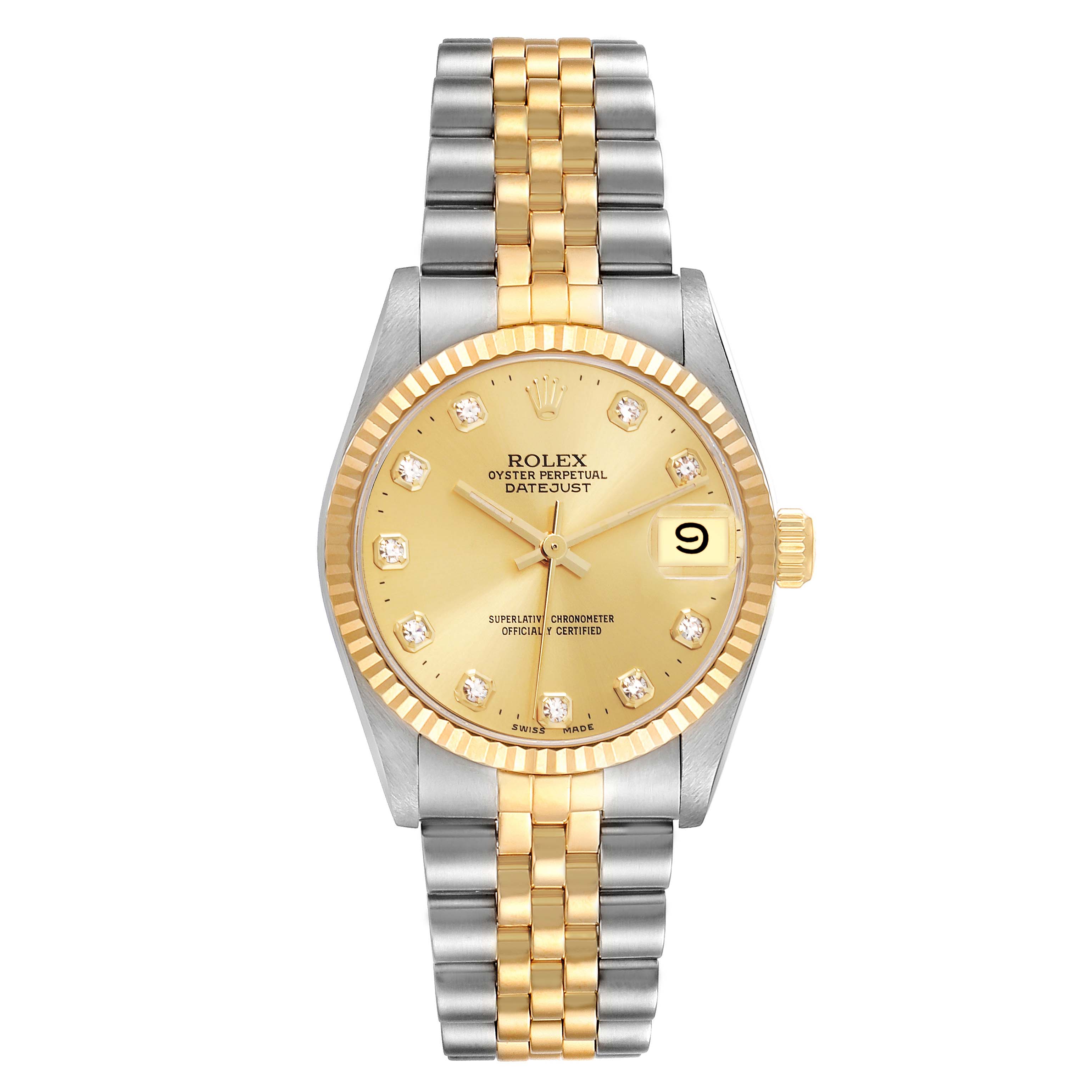 The Rolex Mid-Size 68273 Women's Steel and Gold (two tone) Champagne Dial 68273 Women's Steel and Gold (two tone) Champagne Dial watch is shown front-facing, displaying the dial, case, bezel, and bracelet.