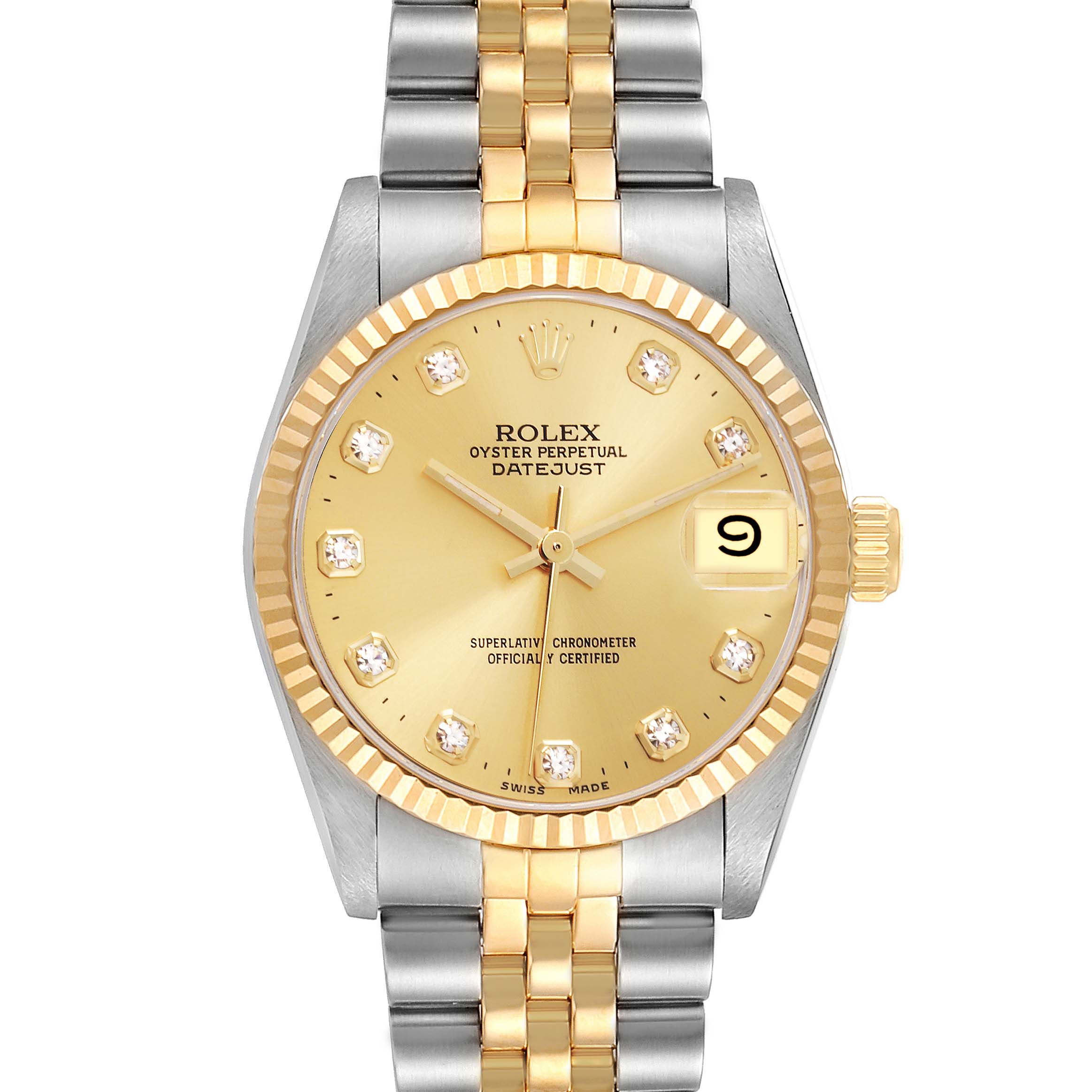The Rolex Mid-Size 68273 Women's Steel and Gold (two tone) Champagne Dial 68273 Women's Steel and Gold (two tone) Champagne Dial model is shown from a top-down angle, displaying the face, bezel, and bracelet.