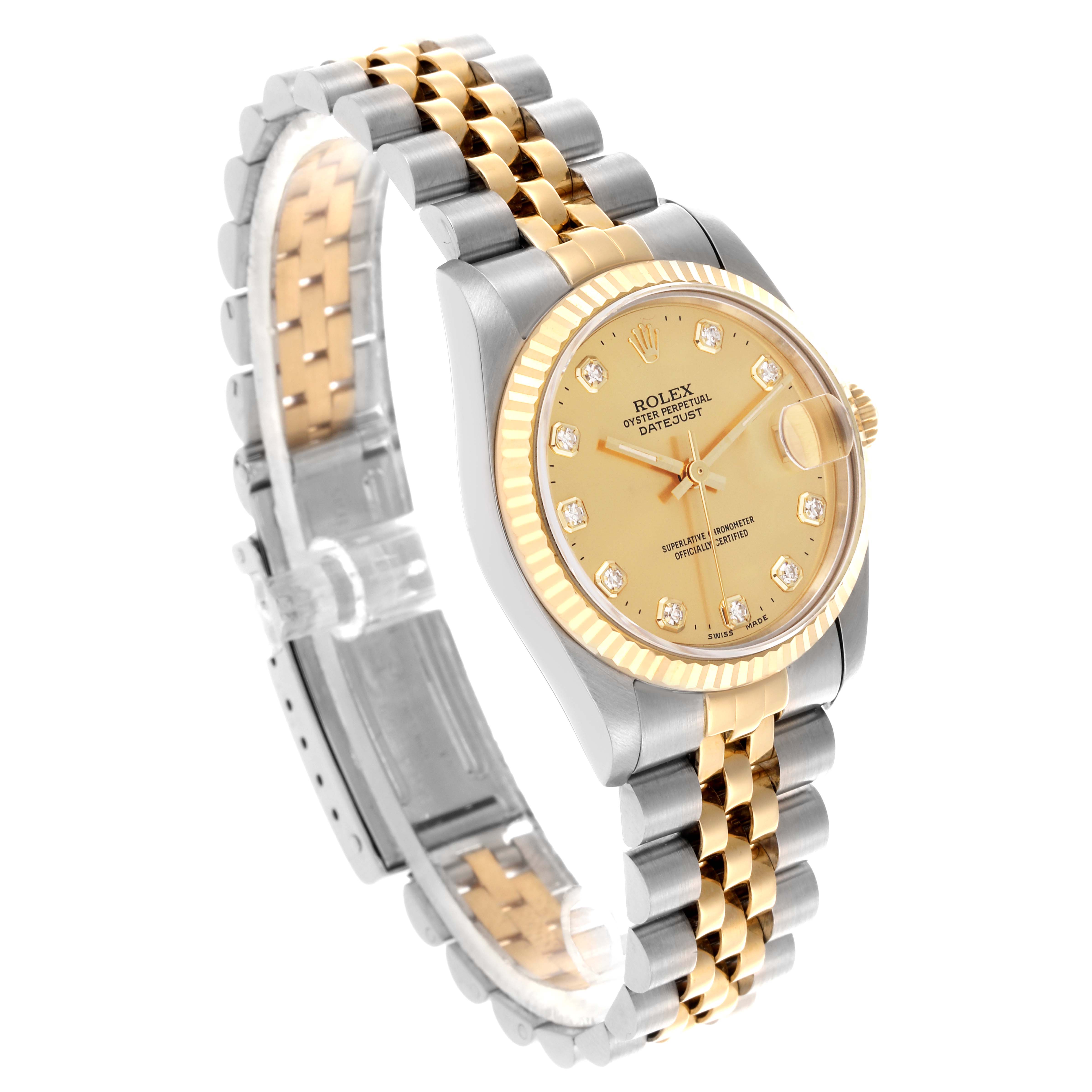 The Rolex Mid-Size 68273 Women's Steel and Gold (two tone) Champagne Dial 68273 Women's Steel and Gold (two tone) Champagne Dial watch is shown at an angled view, highlighting the dial, bezel, and two-tone bracelet.