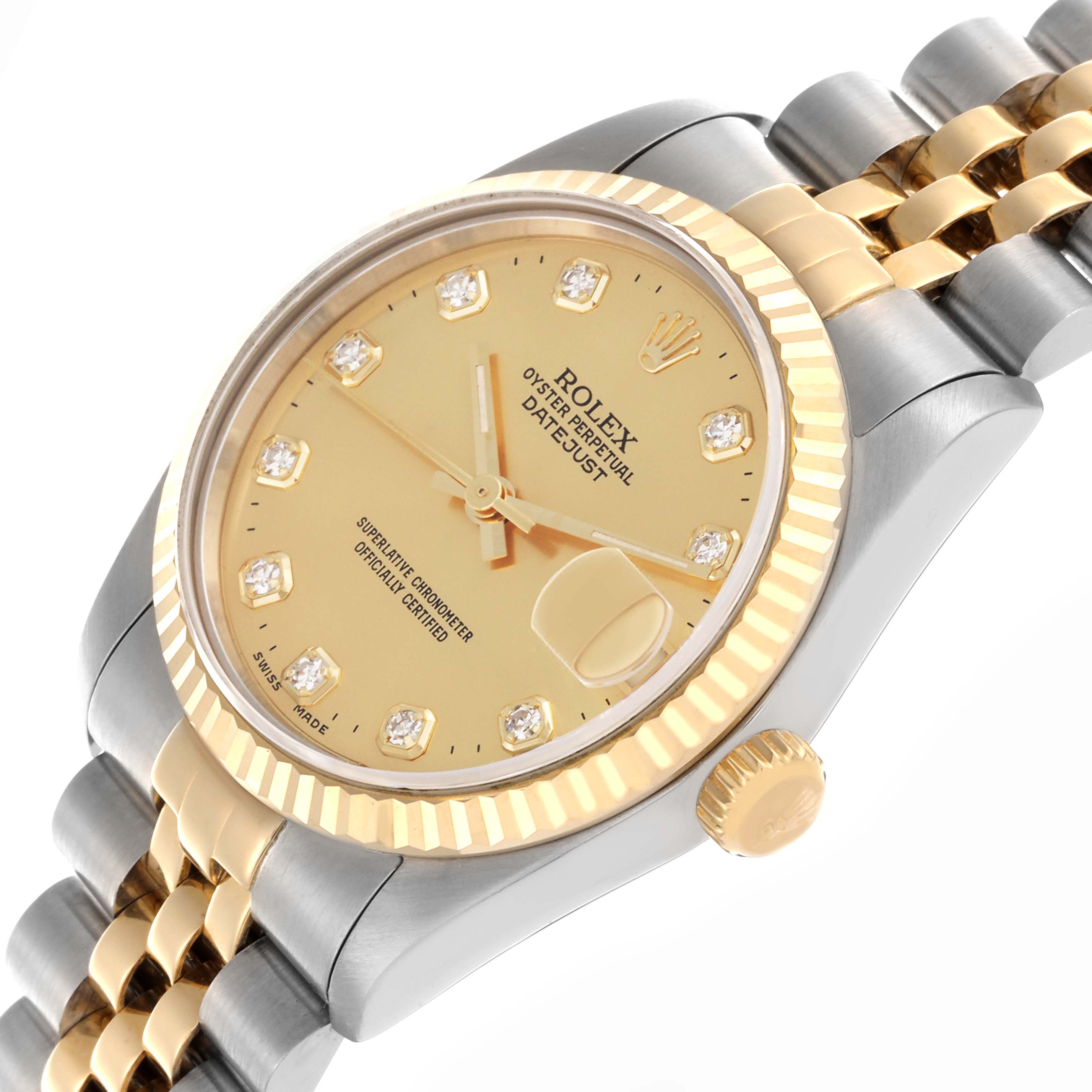 The Rolex Mid-Size 68273 Women's Steel and Gold (two tone) Champagne Dial 68273 Women's Steel and Gold (two tone) Champagne Dial watch is shown at a slight angle, highlighting the dial, bezel, crown, and part of the bracelet.
