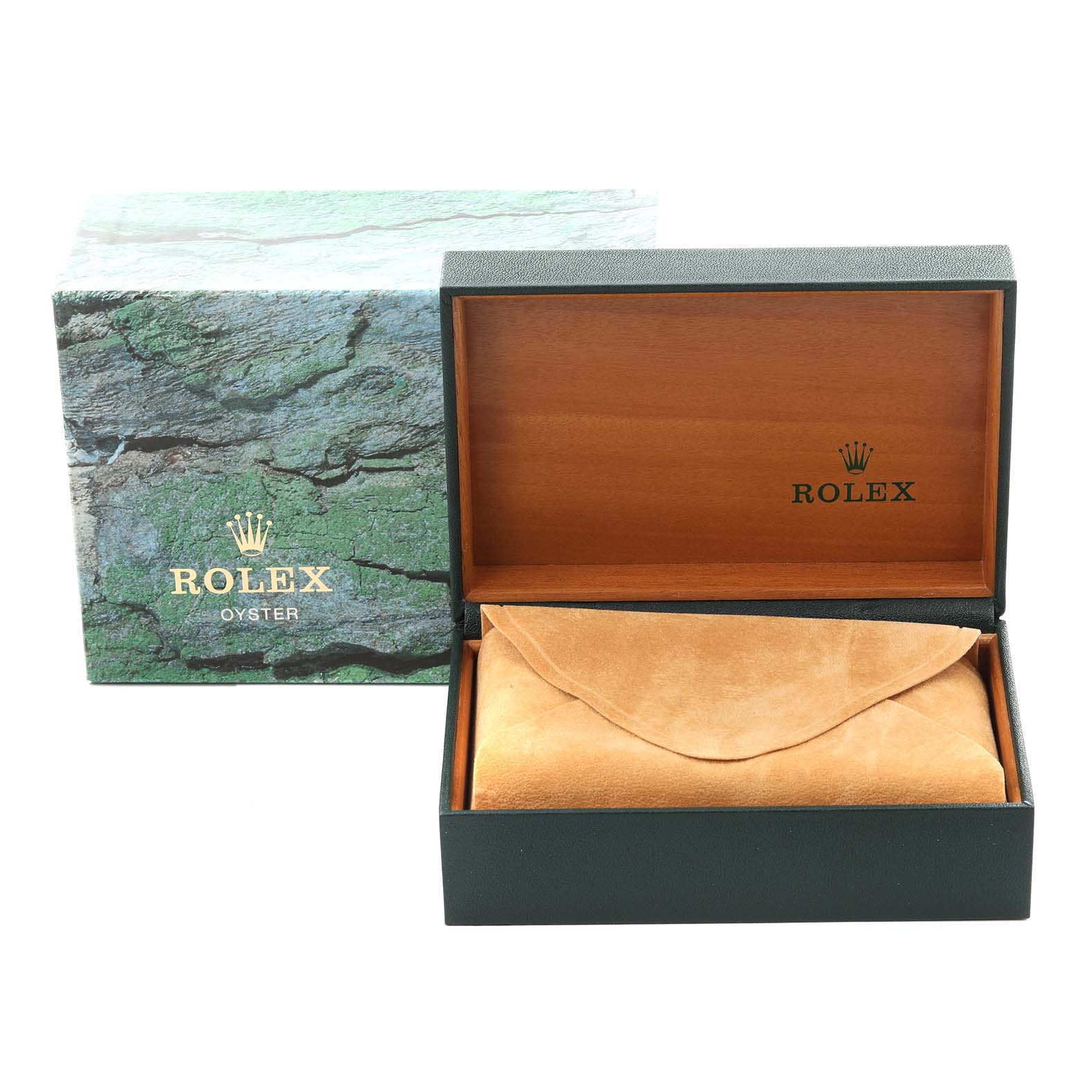 The image shows a Rolex Mid-Size 68273 Women's Steel and Gold (two tone) Champagne Dial 68273 Women's Steel and Gold (two tone) Champagne Dial model accessory box with the lid open, displaying the interior and an orange pouch.