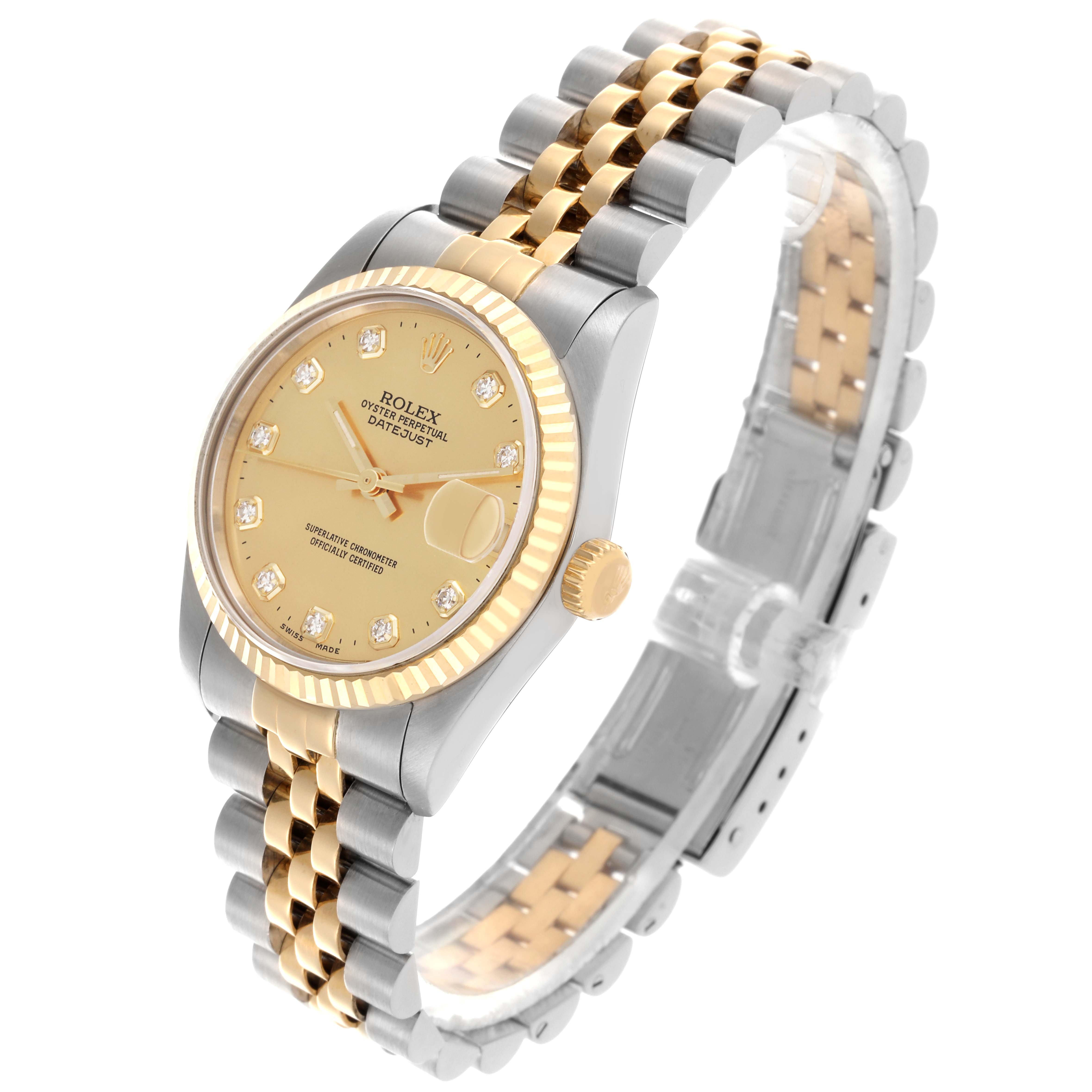 The Rolex Mid-Size 68273 Women's Steel and Gold (two tone) Champagne Dial 68273 Women's Steel and Gold (two tone) Champagne Dial Datejust watch is shown at an angle displaying the face, bezel, crown, and jubilee bracelet.