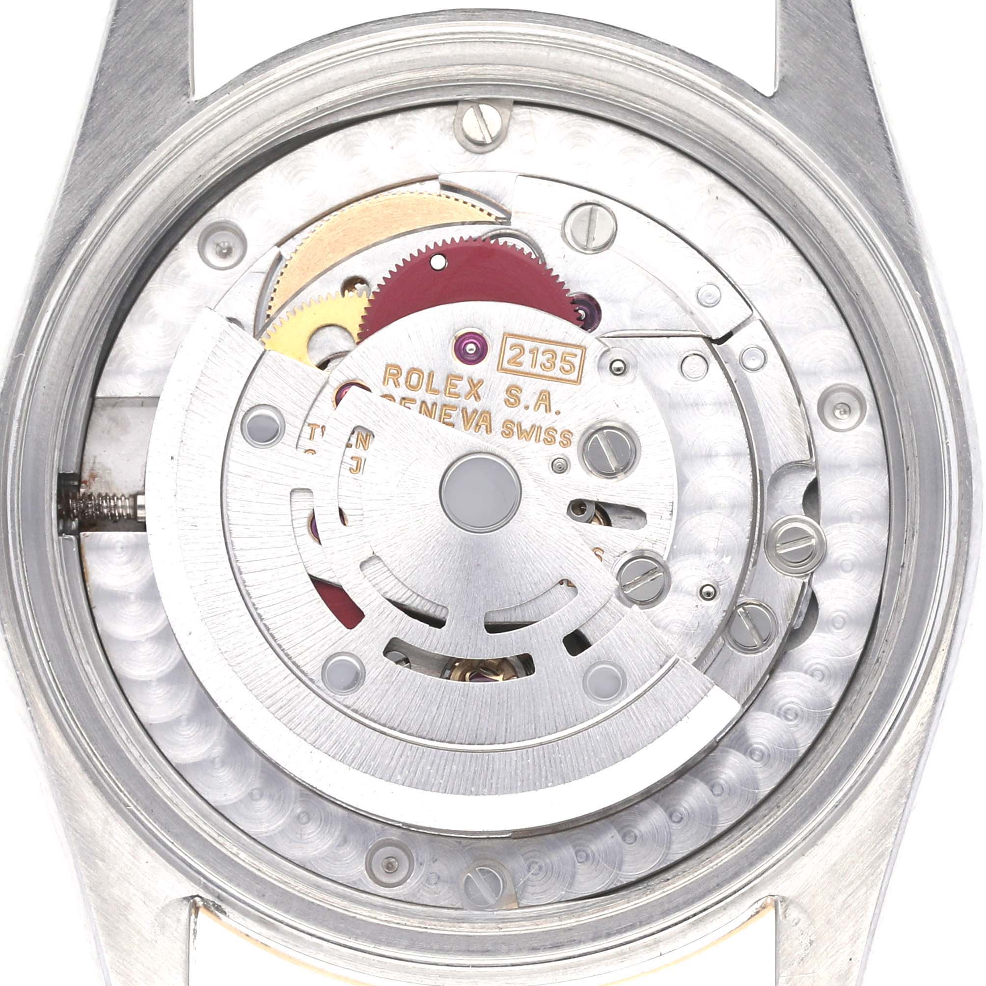 The image shows the movement mechanism of a Rolex Mid-Size 68273 Women's Steel and Gold (two tone) Champagne Dial 68273 Women's Steel and Gold (two tone) Champagne Dial watch from a top-down angle.