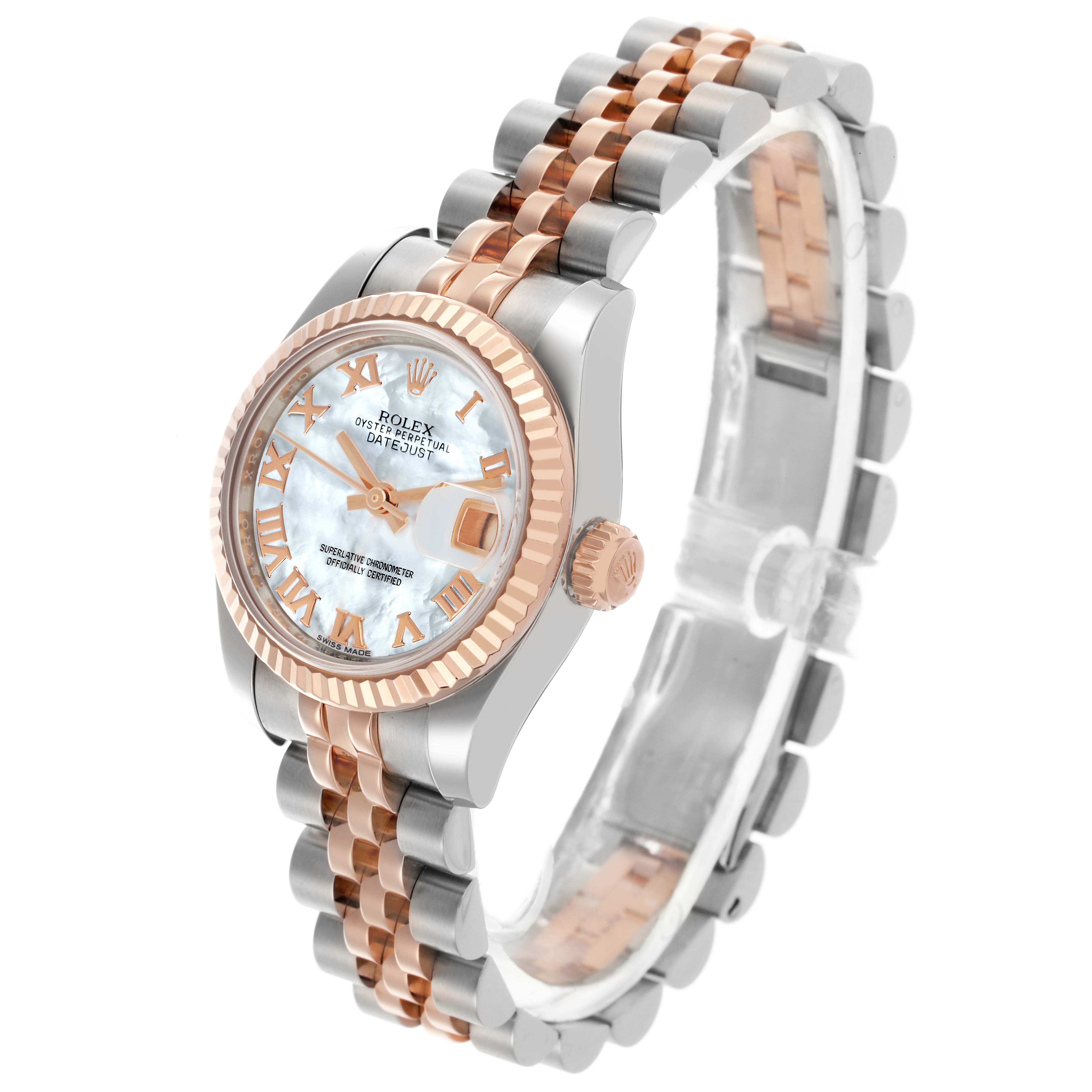The Rolex Datejust 179171NR Women's Steel and Gold (two tone) Mother of Pearl Dial 179171NR Women's Steel and Gold (two tone) Mother of Pearl Dial watch is shown from a tilted side angle, displaying the face, fluted bezel, crown, and bracelet.