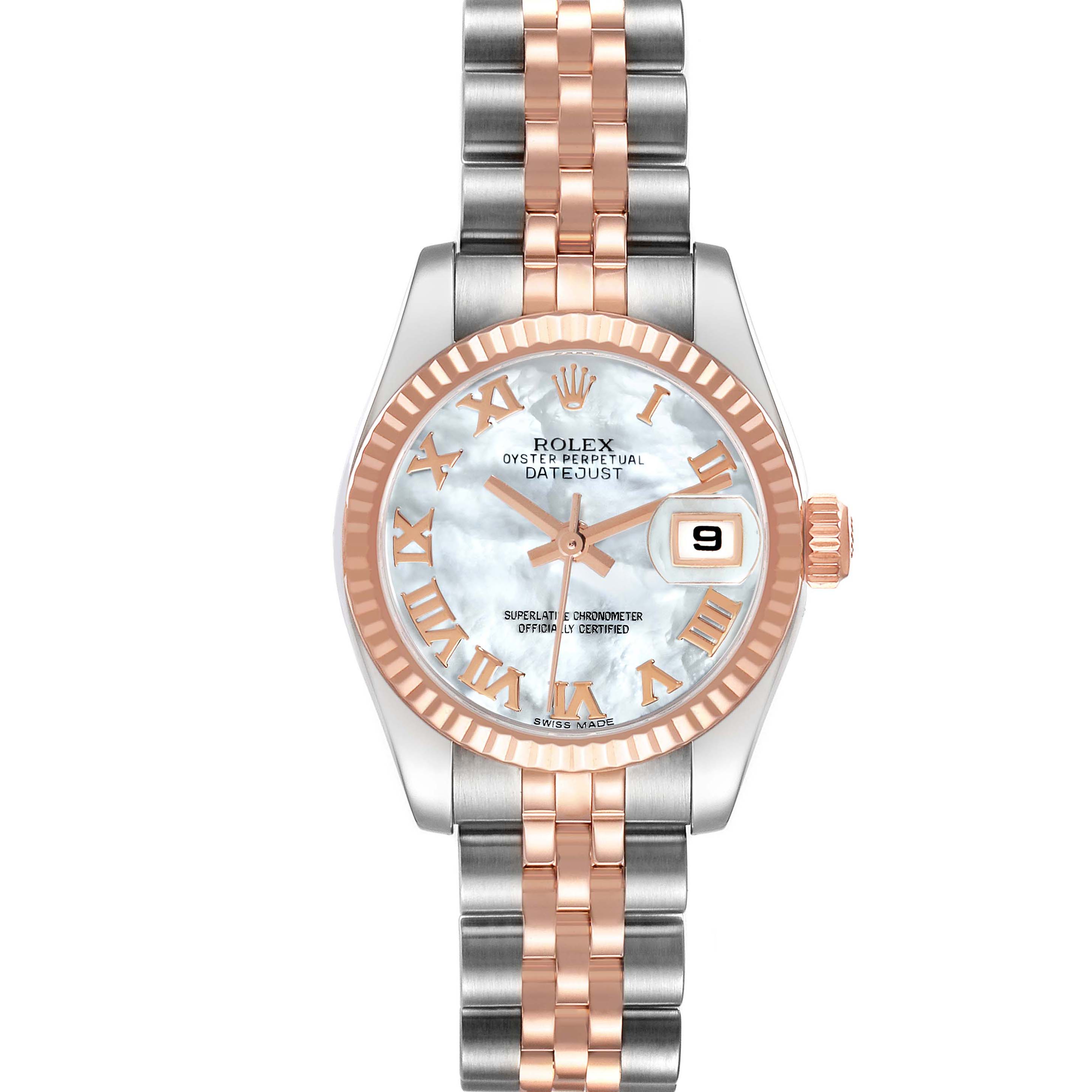 The image shows a front view of a Rolex Datejust 179171NR Women's Steel and Gold (two tone) Mother of Pearl Dial 179171NR Women's Steel and Gold (two tone) Mother of Pearl Dial watch, highlighting the dial, bezel, and two-tone bracelet.