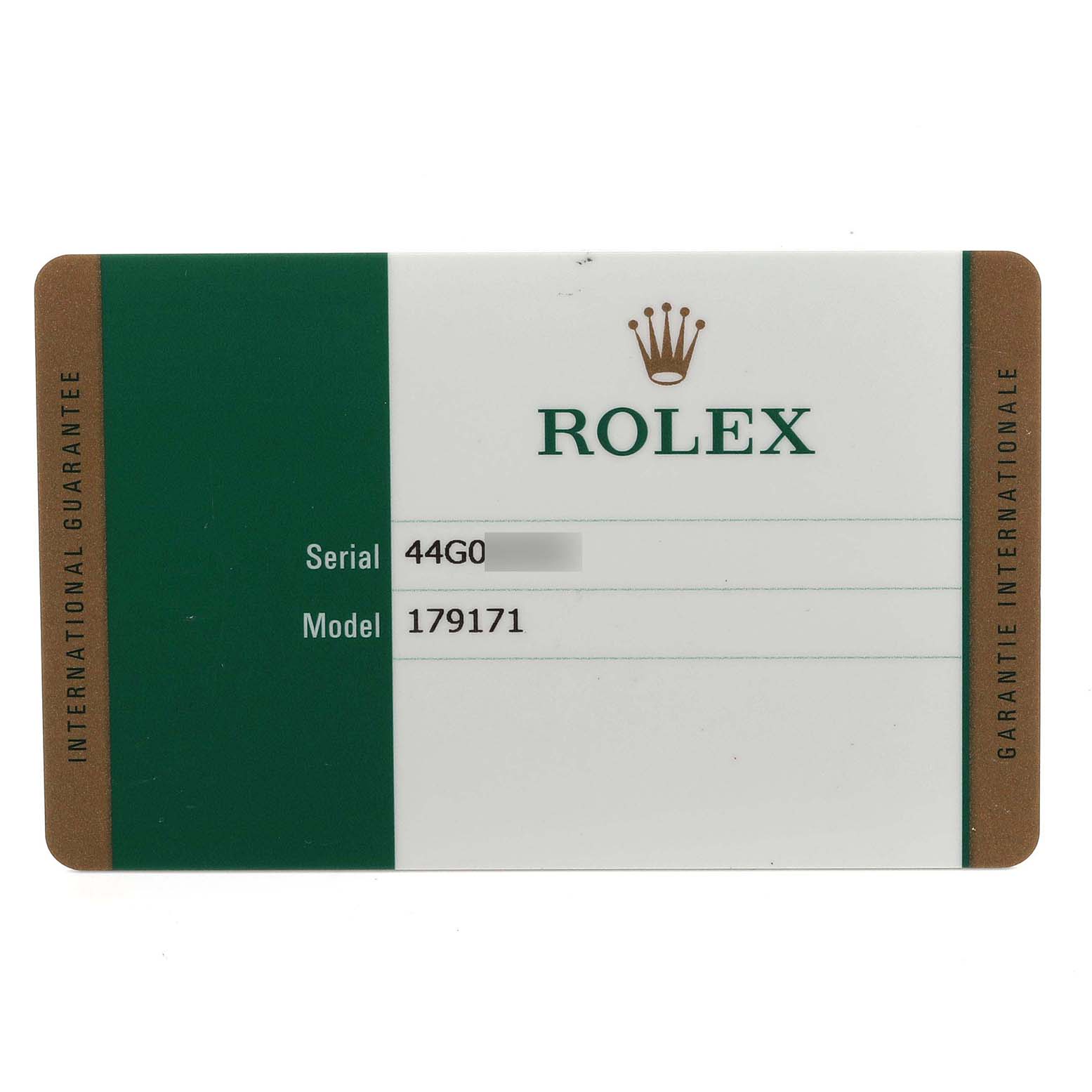 The image shows a Rolex Datejust 179171NR Women's Steel and Gold (two tone) Mother of Pearl Dial 179171NR Women's Steel and Gold (two tone) Mother of Pearl Dial warranty card with serial and model numbers visible.