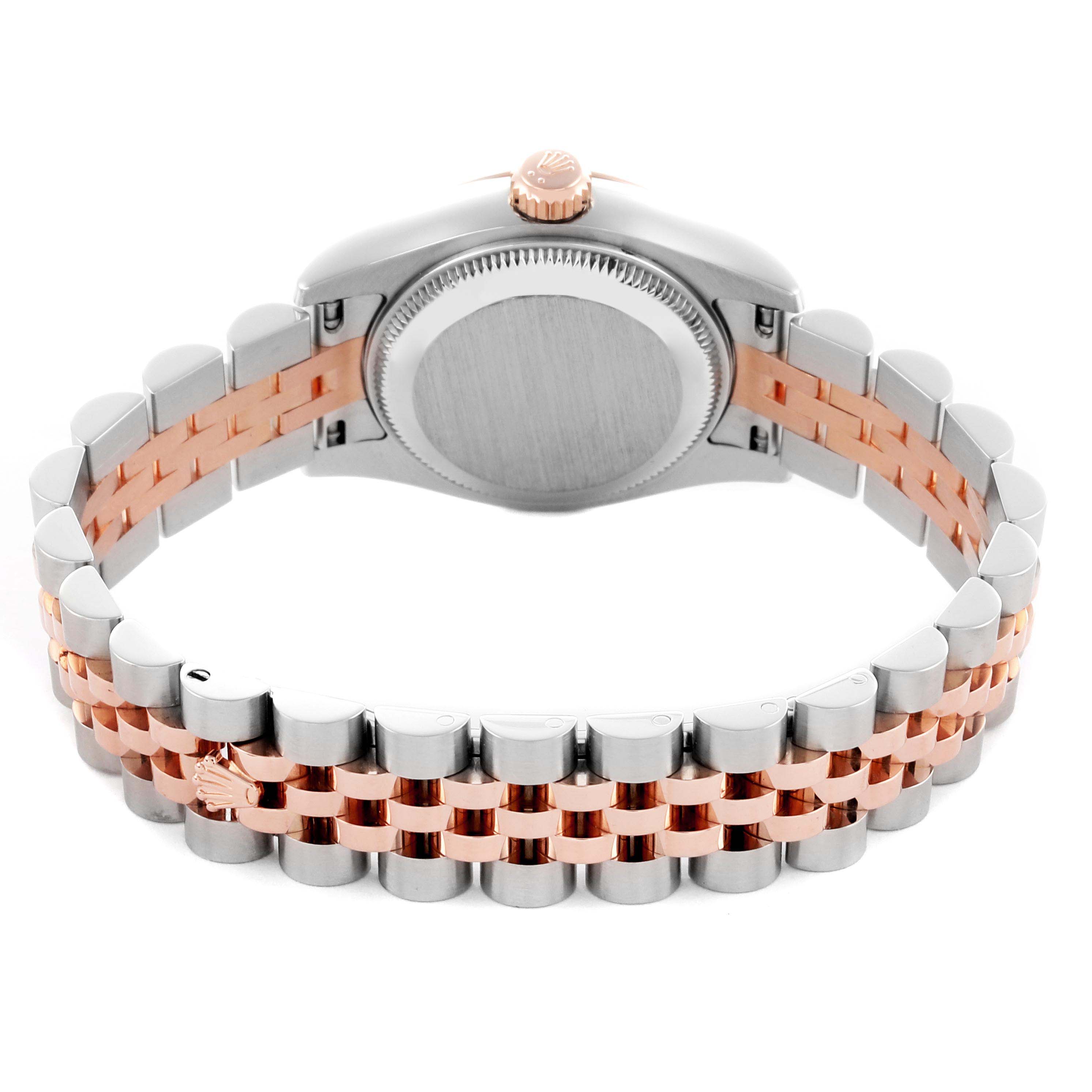The Rolex Datejust 179171NR Women's Steel and Gold (two tone) Mother of Pearl Dial 179171NR Women's Steel and Gold (two tone) Mother of Pearl Dial watch is shown from the back, highlighting the bracelet and the caseback.