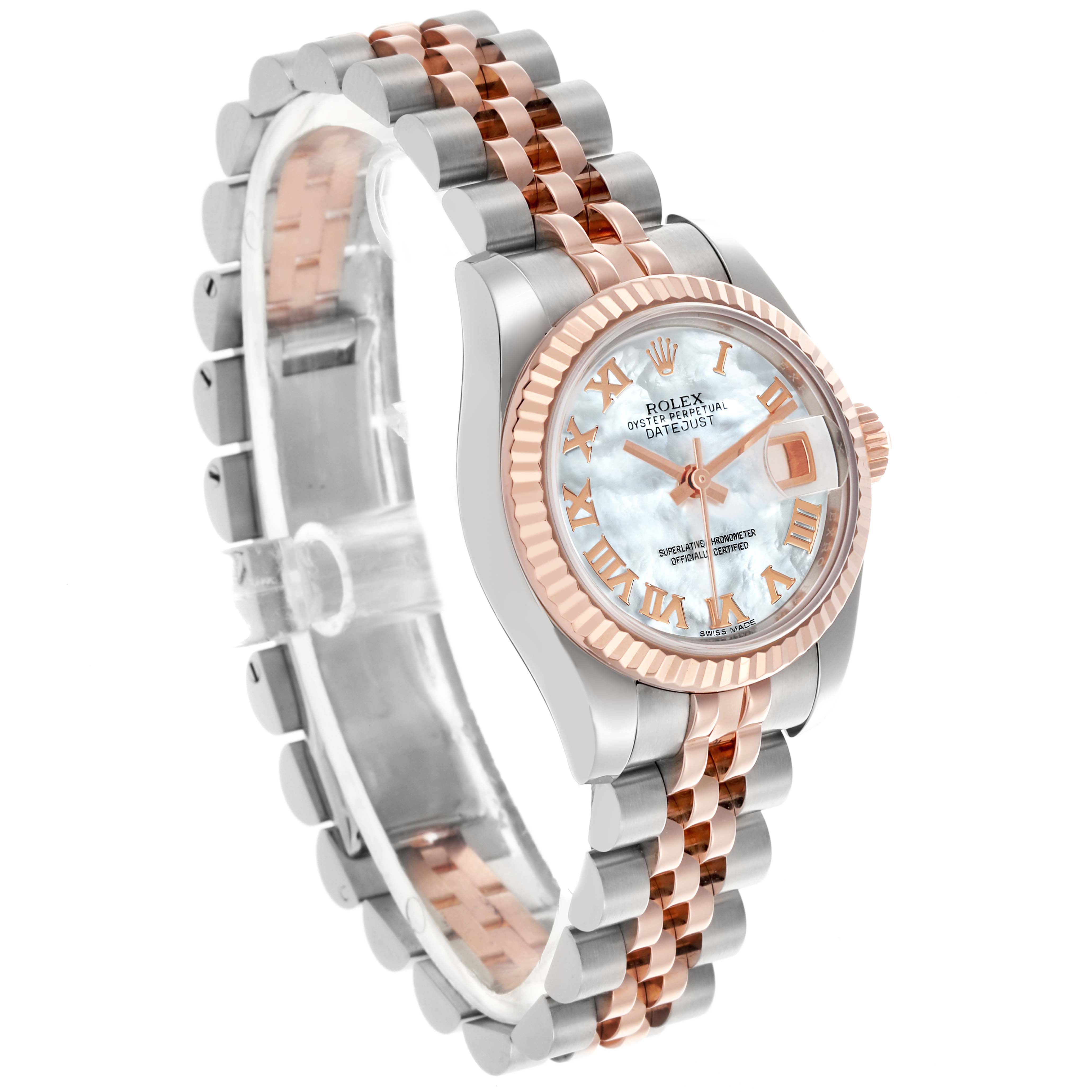 The Rolex Datejust 179171NR Women's Steel and Gold (two tone) Mother of Pearl Dial 179171NR Women's Steel and Gold (two tone) Mother of Pearl Dial watch is shown at a side angle, highlighting the face, case, and bracelet.