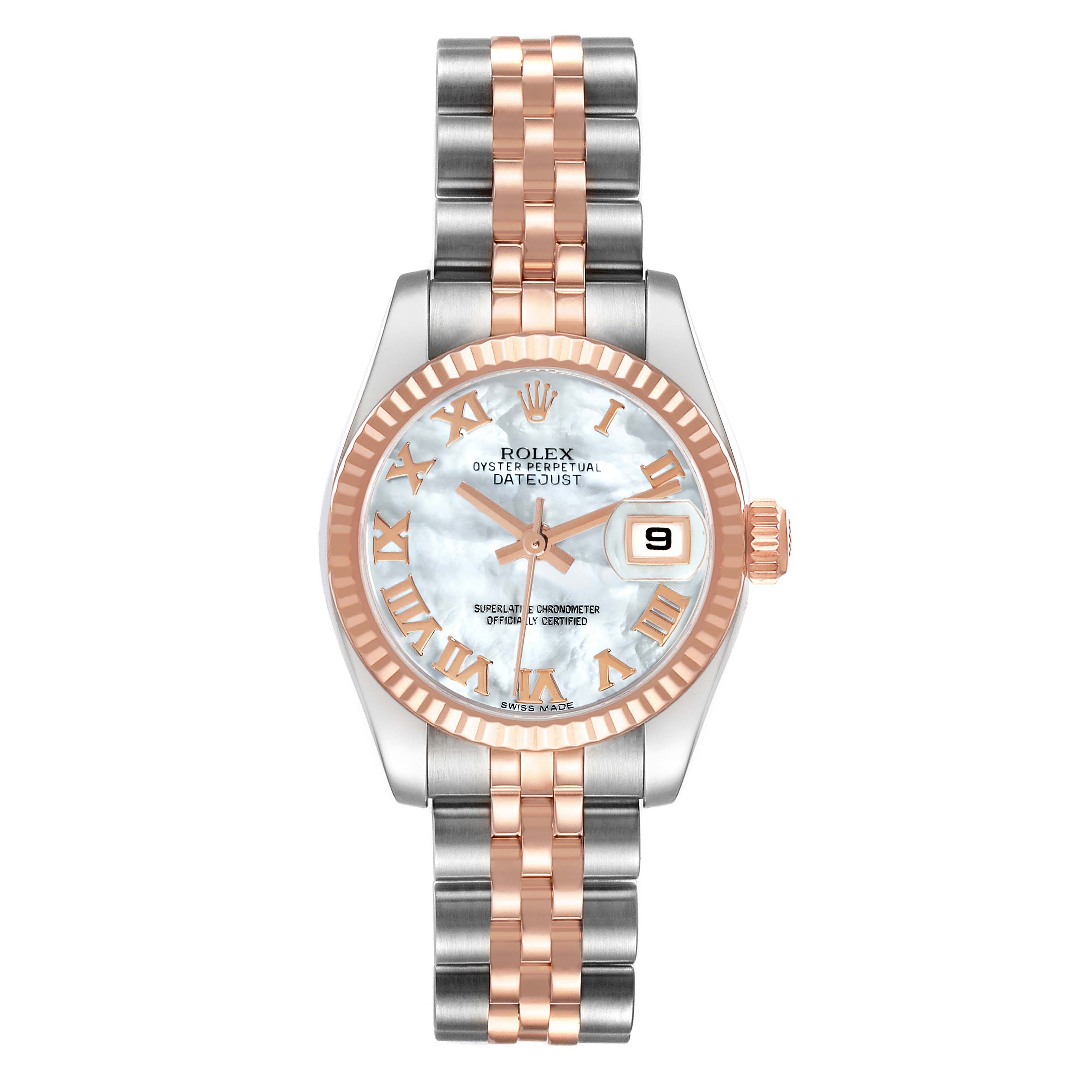 The Rolex Datejust 179171NR Women's Steel and Gold (two tone) Mother of Pearl Dial 179171NR Women's Steel and Gold (two tone) Mother of Pearl Dial watch is shown from the front, highlighting its dial, bezel, and bracelet.