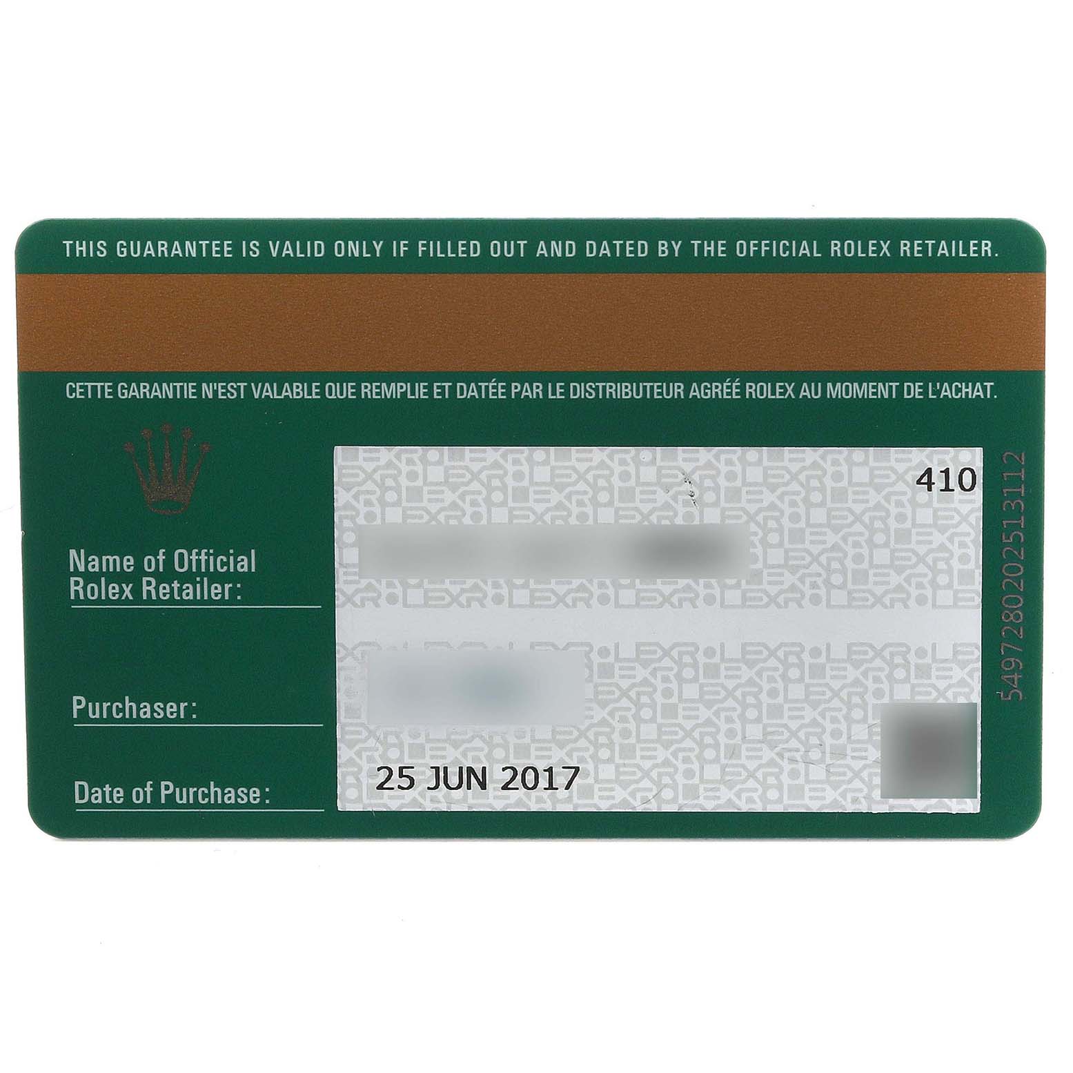The image shows a warranty card for the Rolex Datejust 179171NR Women's Steel and Gold (two tone) Mother of Pearl Dial 179171NR Women's Steel and Gold (two tone) Mother of Pearl Dial.