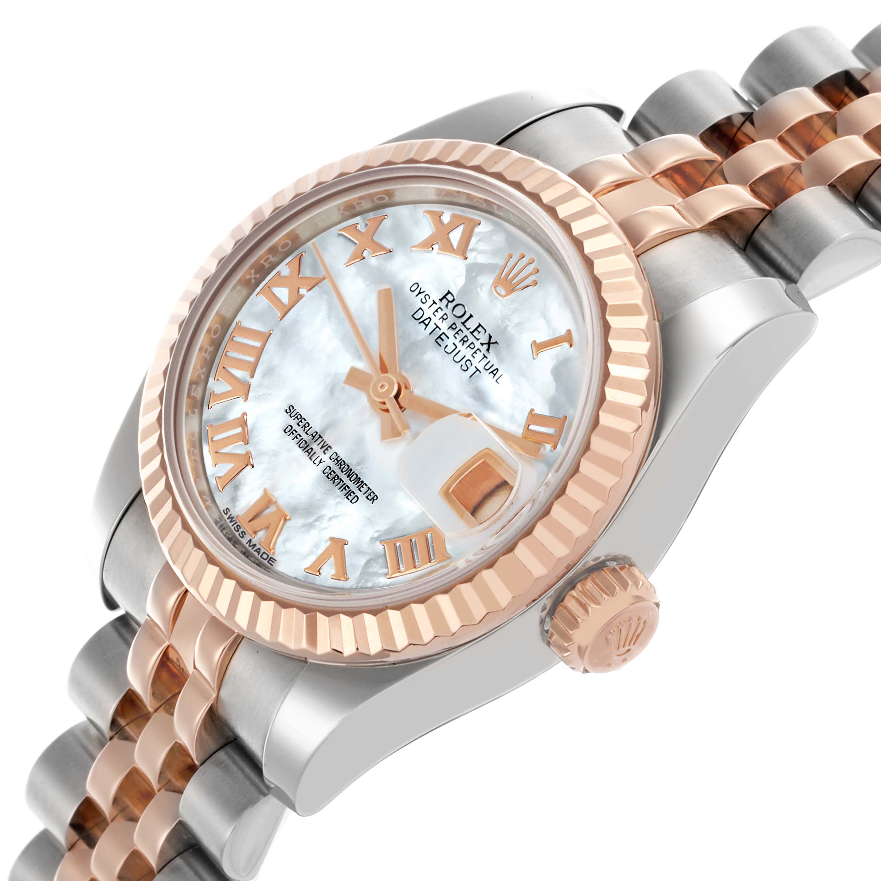 The Rolex Datejust 179171NR Women's Steel and Gold (two tone) Mother of Pearl Dial 179171NR Women's Steel and Gold (two tone) Mother of Pearl Dial watch is shown at an angle highlighting the face, bezel, and part of the bracelet.