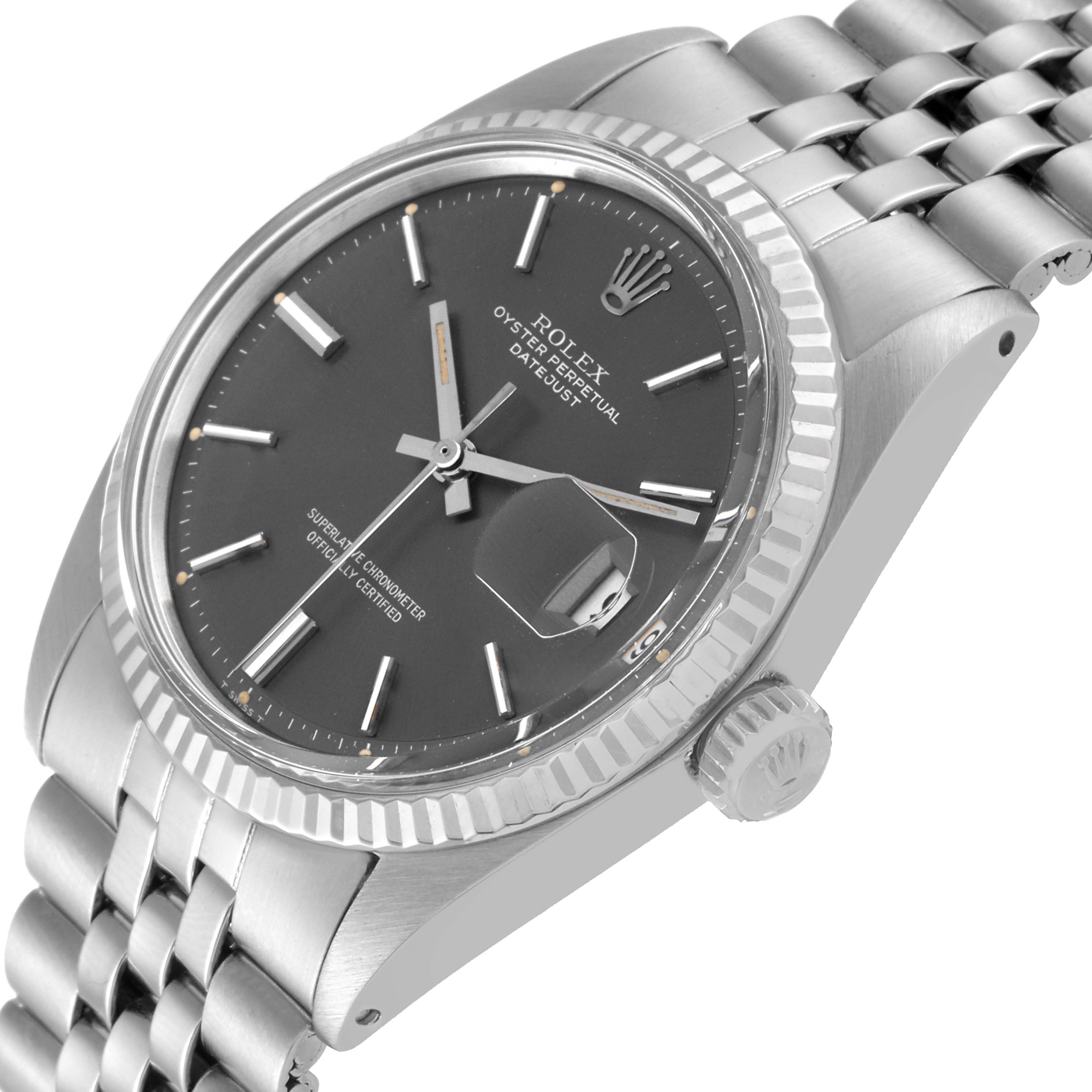 The Rolex Vintage Collection 1601 Men's Stainless Steel Grey Dial 1601 Men's Stainless Steel Grey Dial model is shown from an angled side view, highlighting its face, bezel, crown, and band.