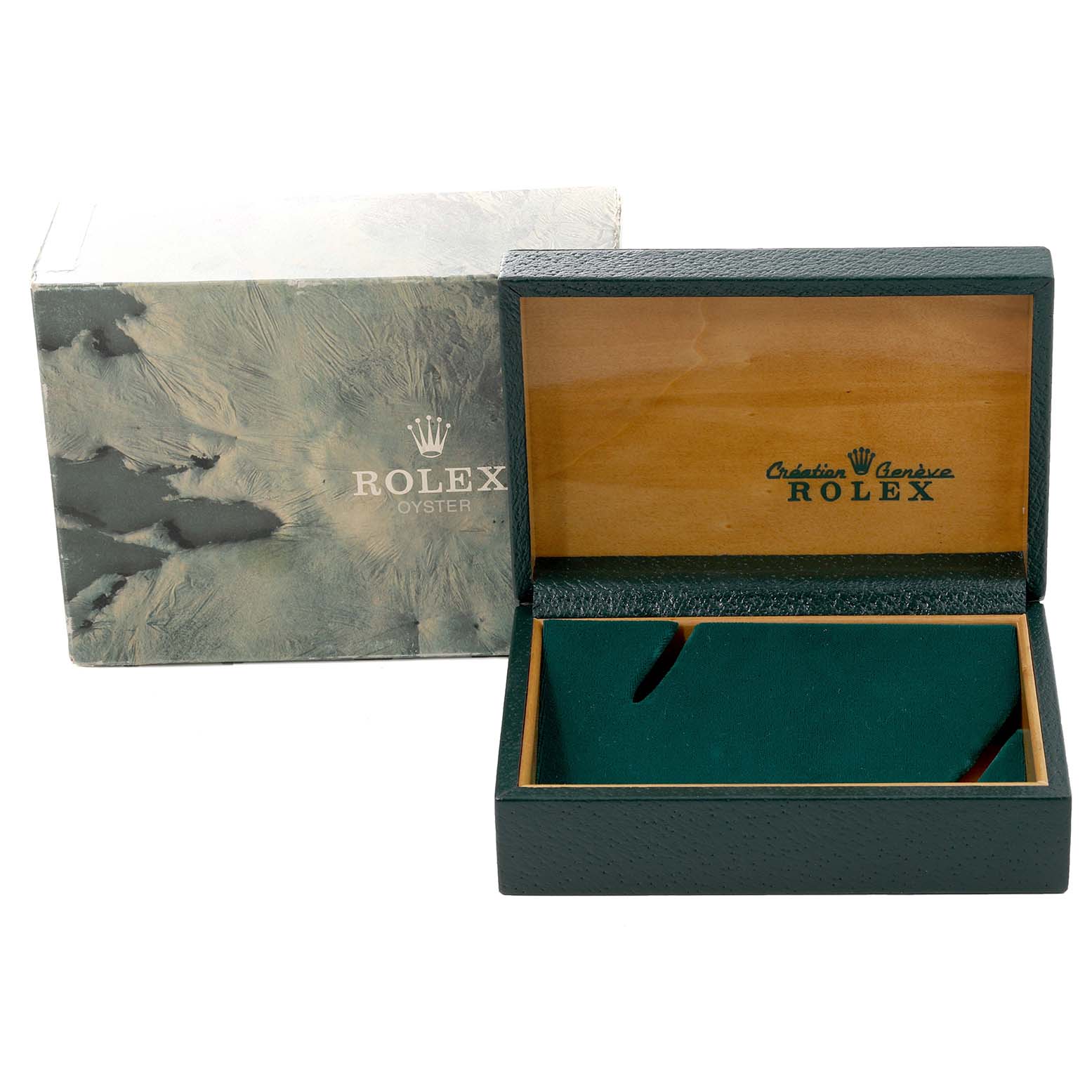 The image shows an open Rolex Vintage Collection 1601 Men's Stainless Steel Grey Dial 1601 Men's Stainless Steel Grey Dial watch box with the lid displaying the brand's logo and name.