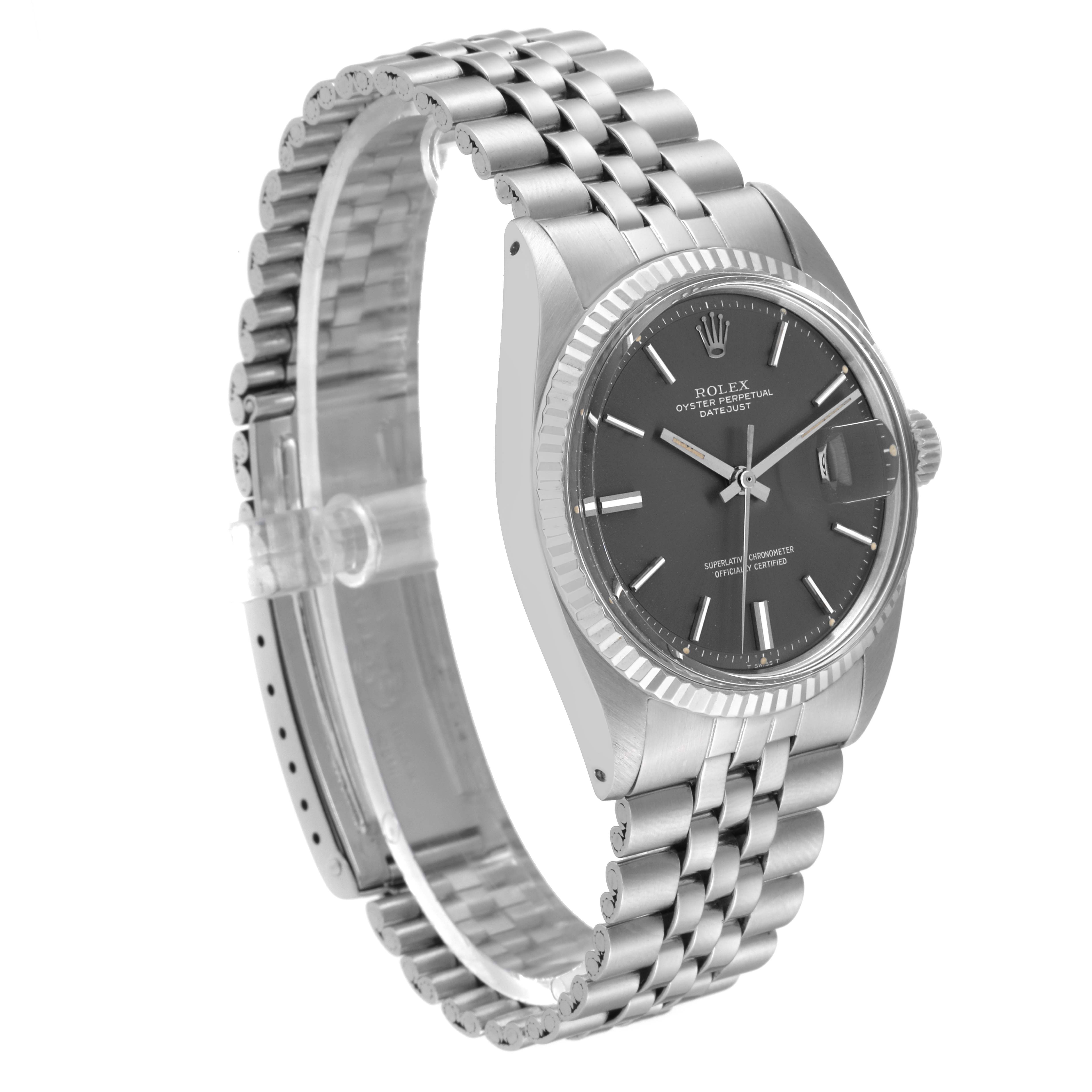 The Rolex Vintage Collection 1601 Men's Stainless Steel Grey Dial 1601 Men's Stainless Steel Grey Dial model watch is shown at an angled side view, displaying its face, bezel, and bracelet.